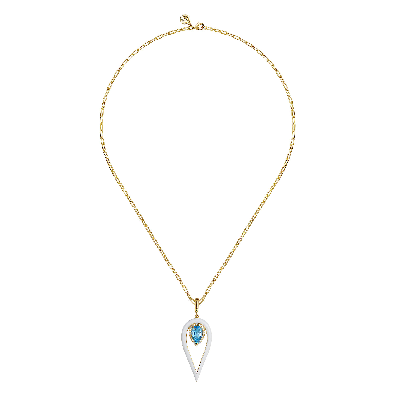 Diamond and Blue Topaz Long Pear Shape Drop Necklace With White Enamel in 14K Yellow Gold, photograph 2