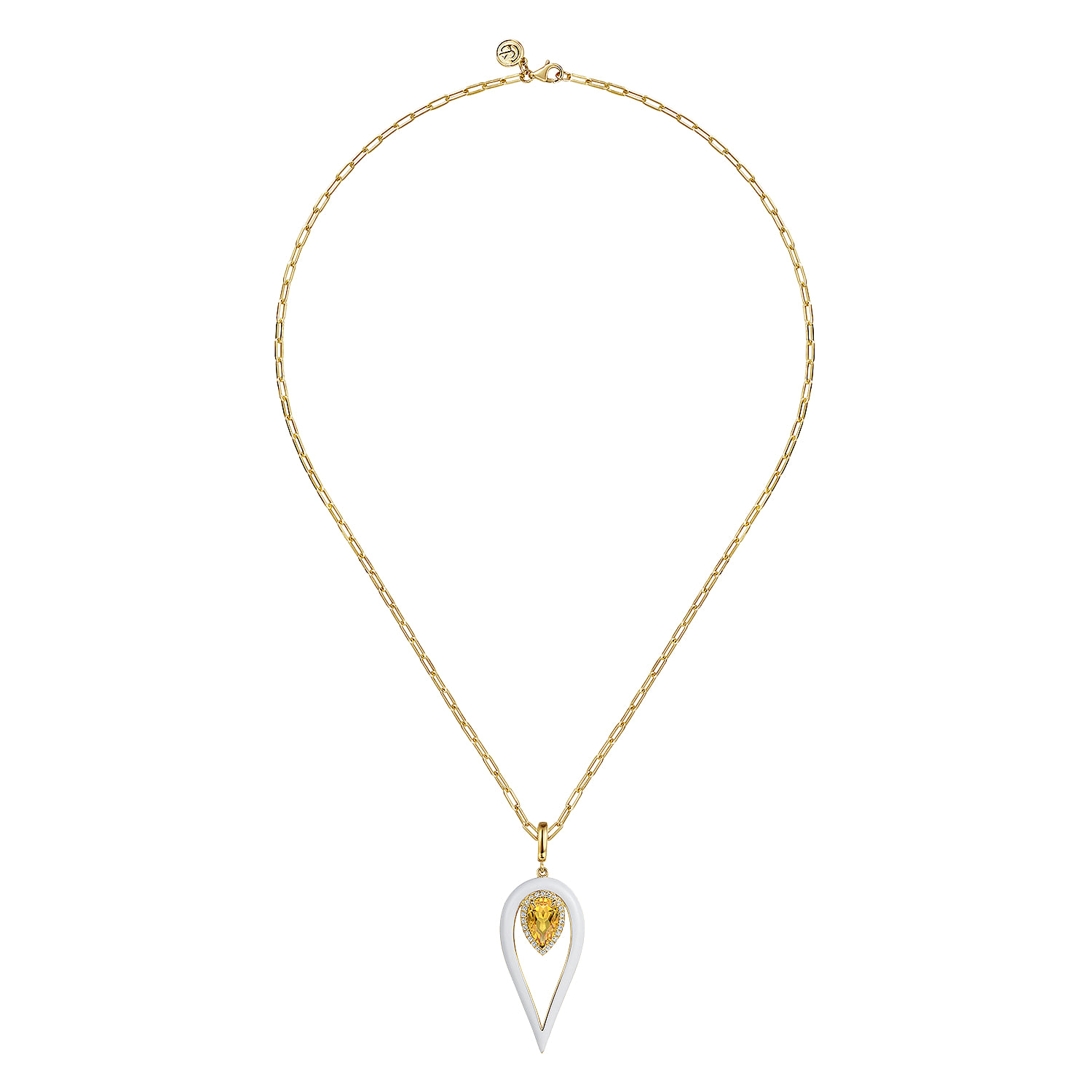 Diamond and Citrine Long Pear Shape Drop Necklace With White Enamel in 14K Yellow Gold, photograph 2