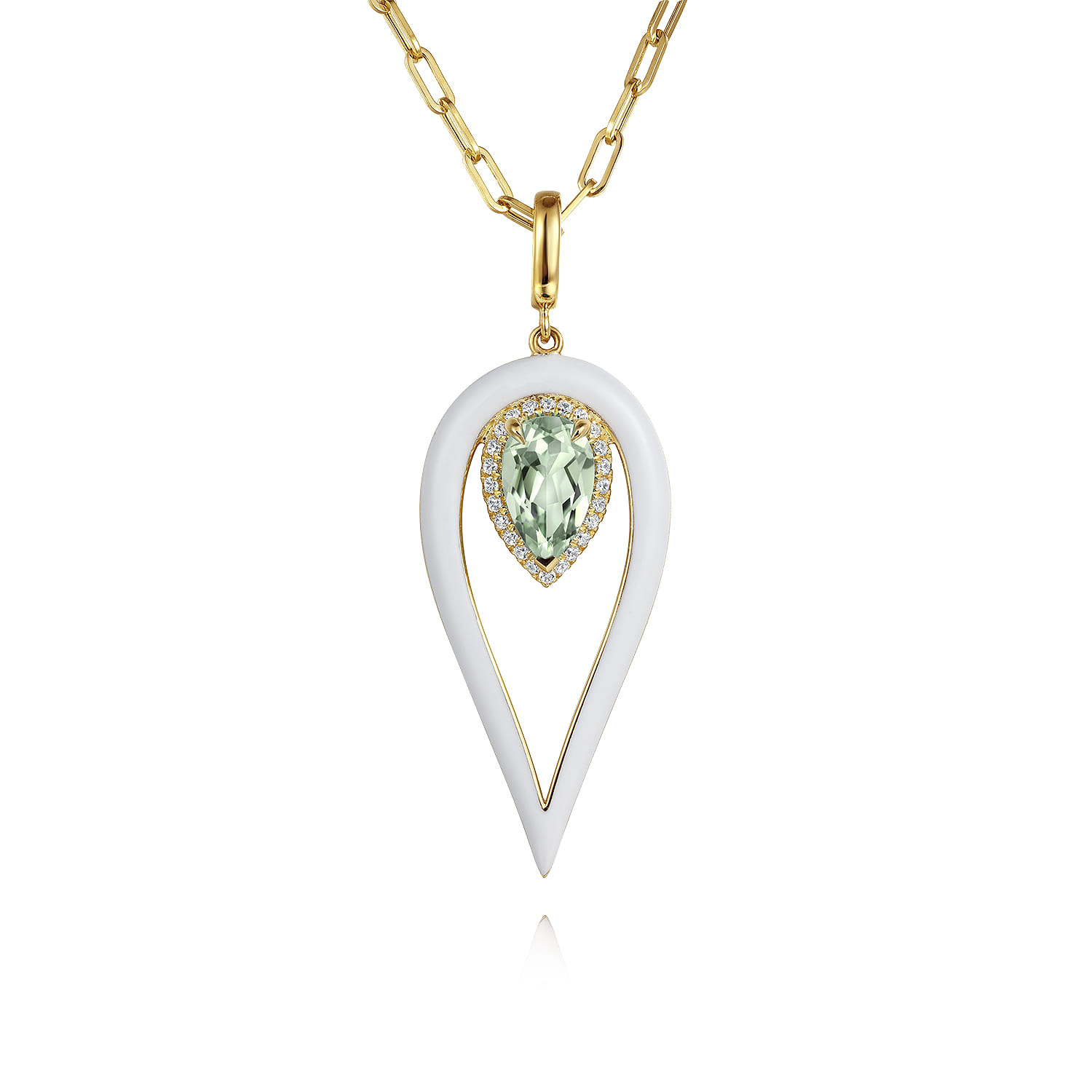 Diamond and Green Amethyst Long Pear Shape Drop Necklace With White Enamel