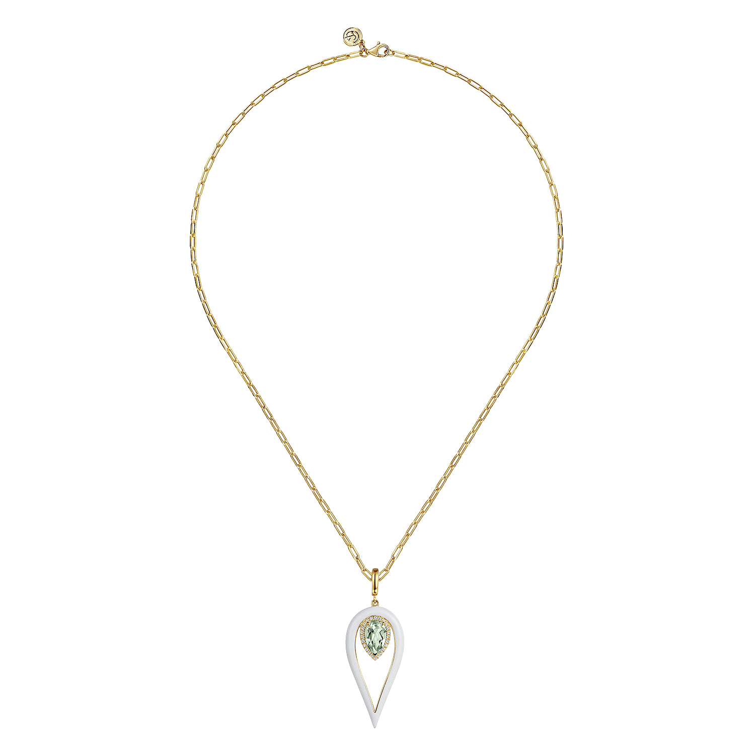 Diamond and Green Amethyst Long Pear Shape Drop Necklace With White Enamel in 14K Yellow Gold, photograph 2