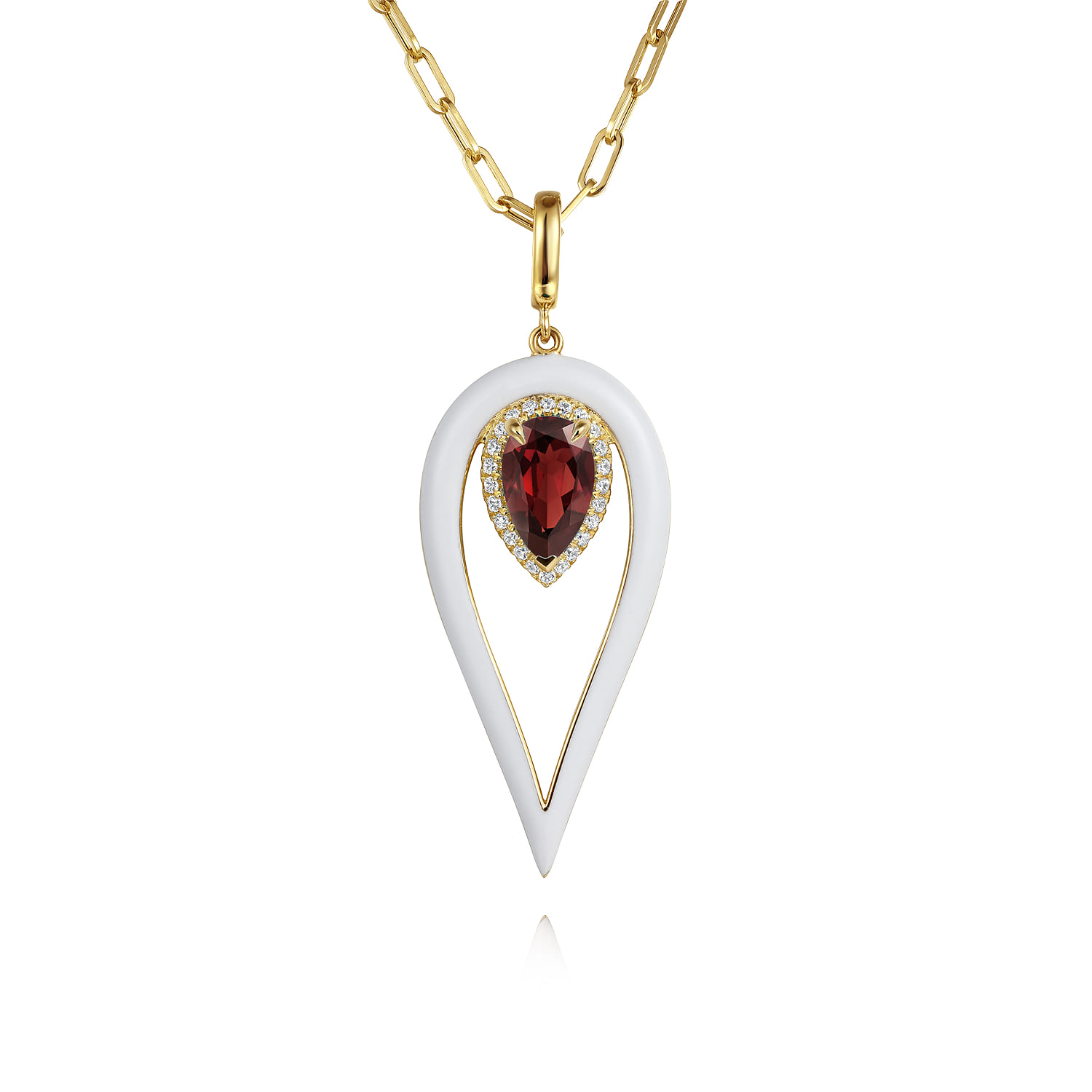 Diamond and Garnet Long Pear Shape Drop Necklace With White Enamel
