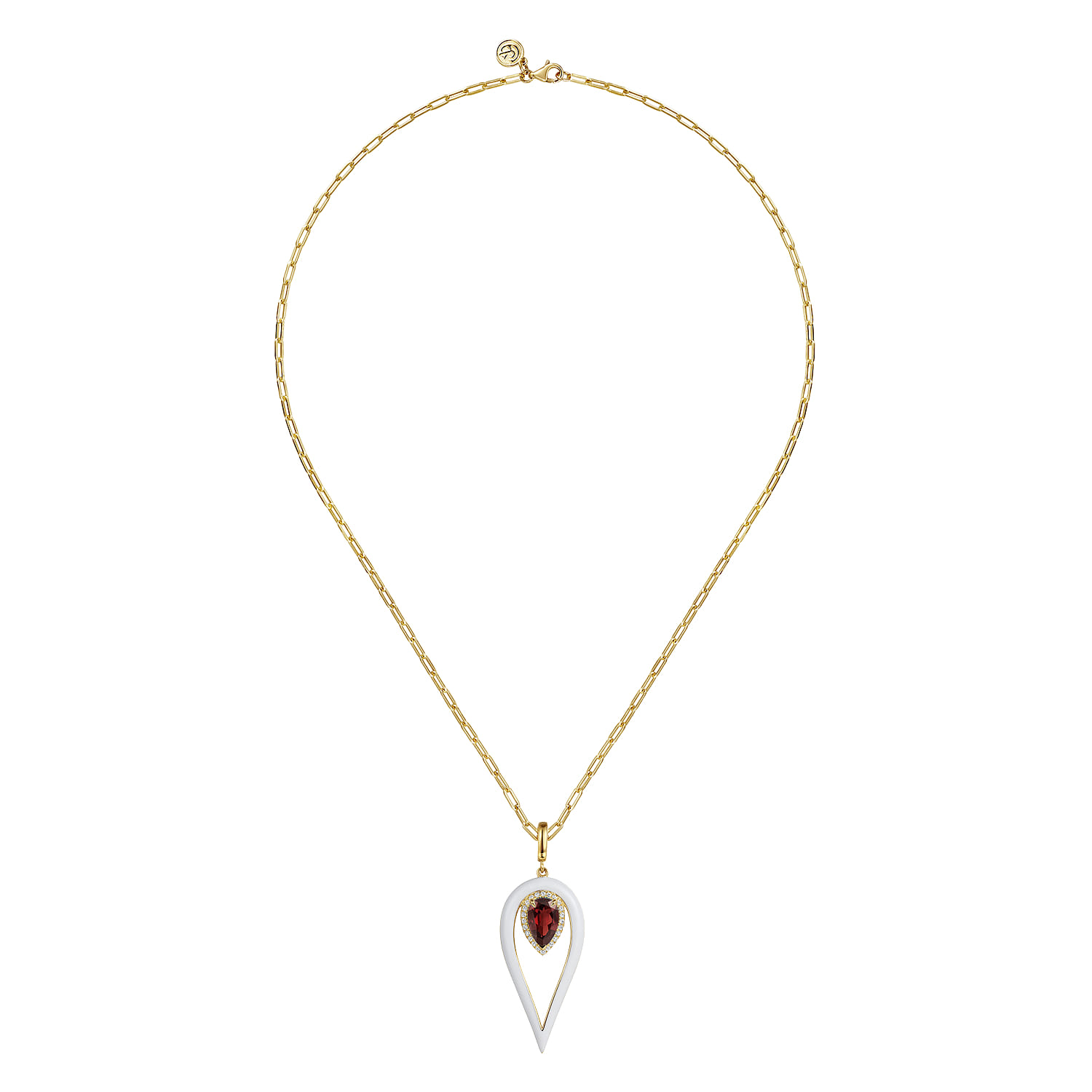 Diamond and Garnet Long Pear Shape Drop Necklace With White Enamel in 14K Yellow Gold, photograph 2