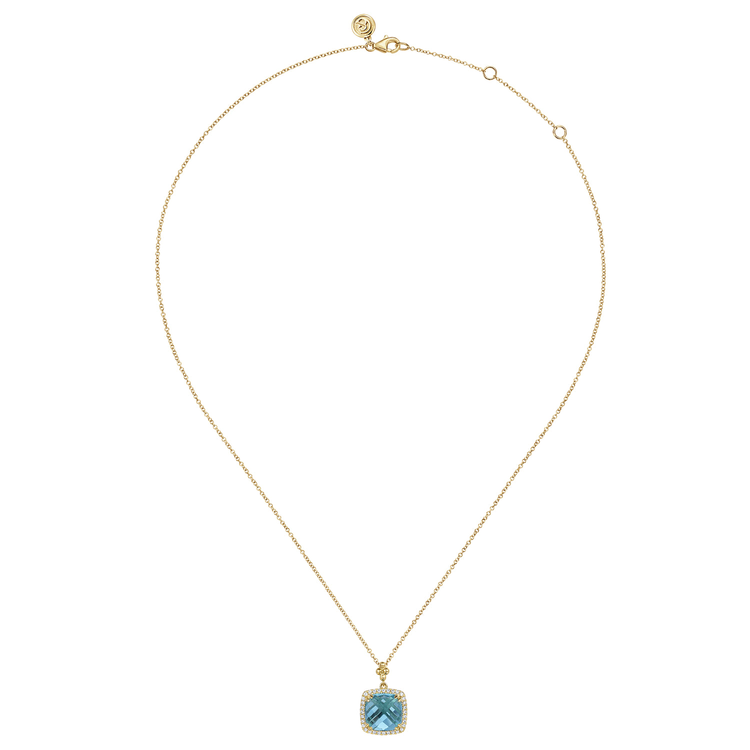 Bujukan Cushion Blue Topaz with Diamond Halo Necklace in 14K Yellow Gold, photograph 2