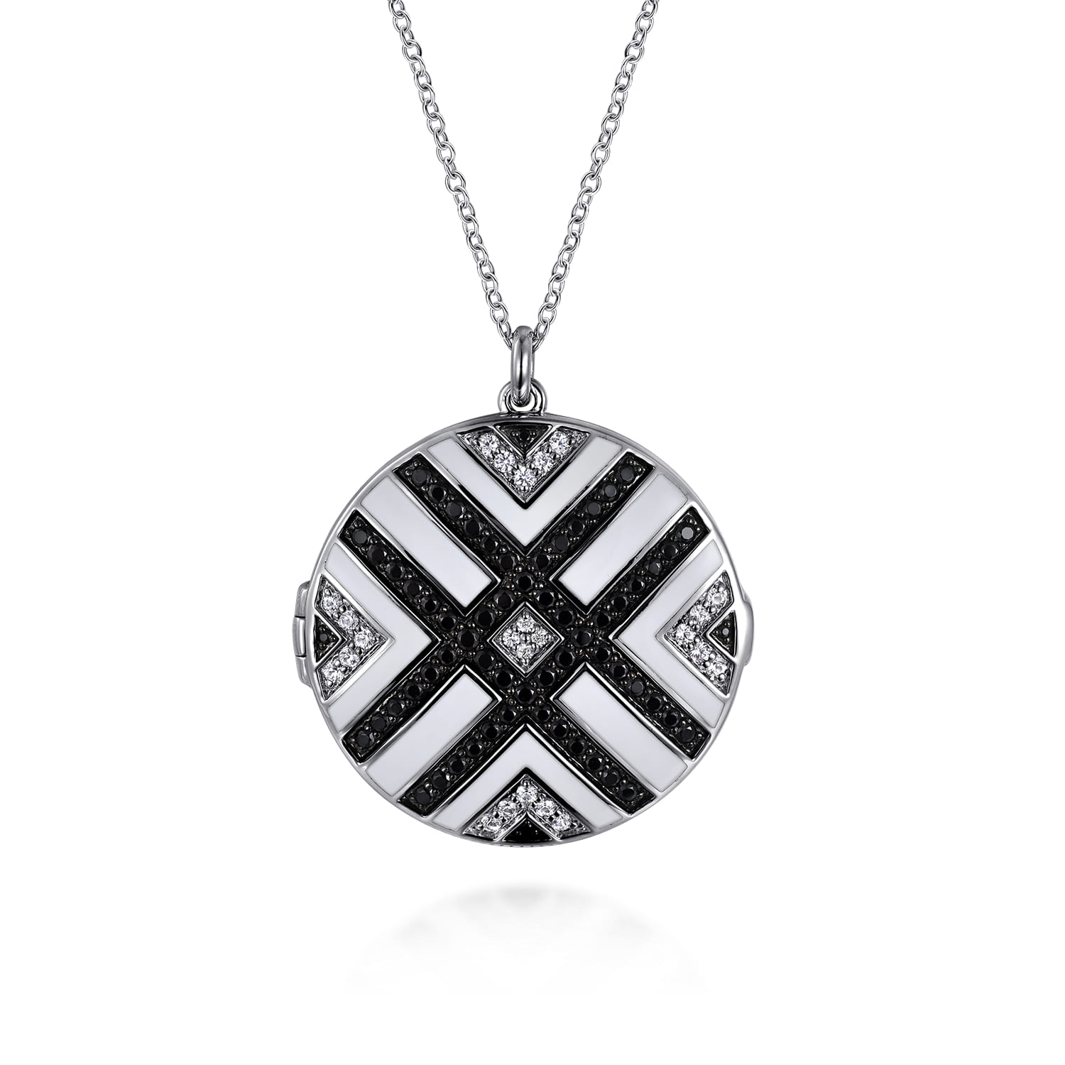 White Sapphire and Black Spinel with White Enamel Locket in Sterling Silver