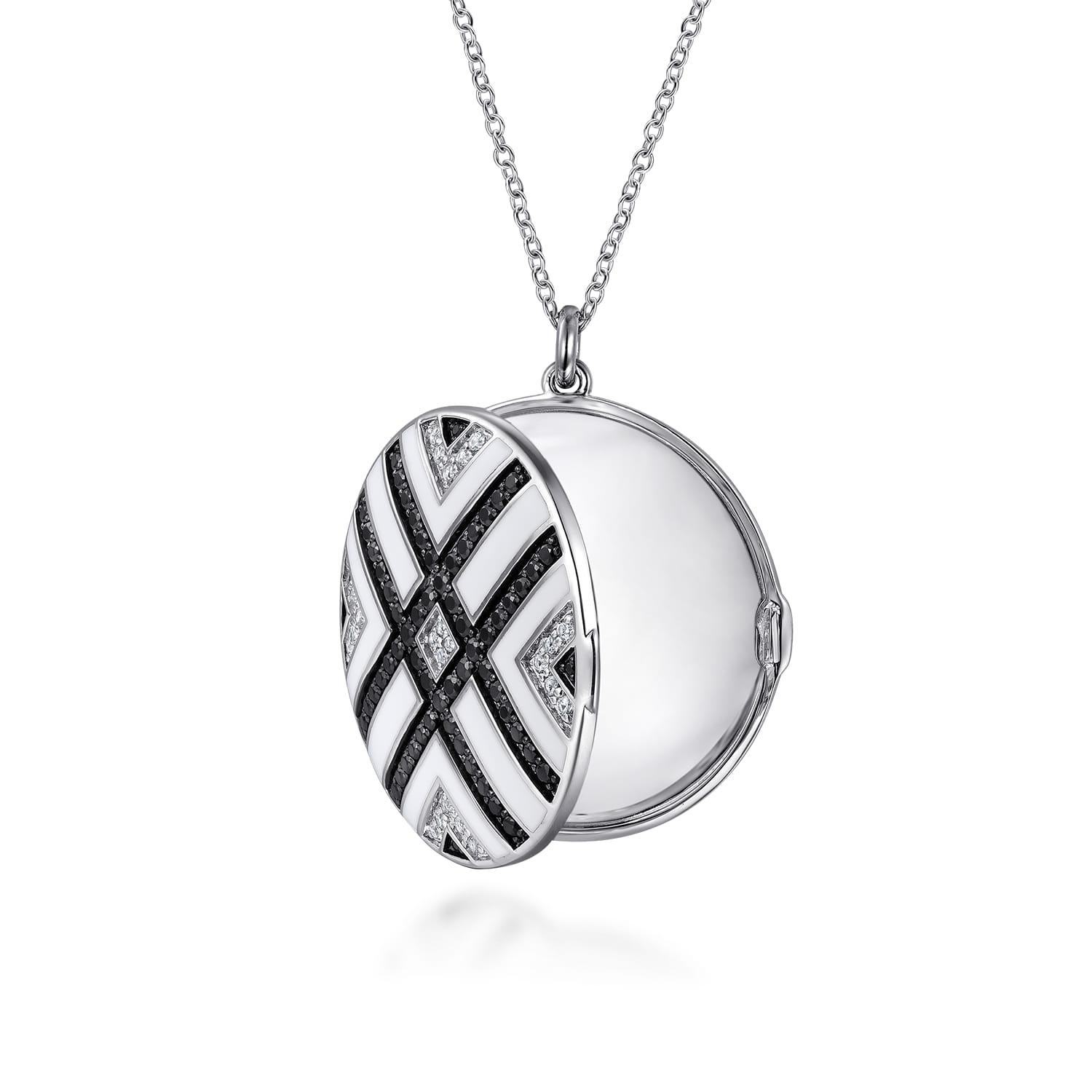 White Sapphire and Black Spinel with White Enamel Locket in Sterling Silver, photograph 2
