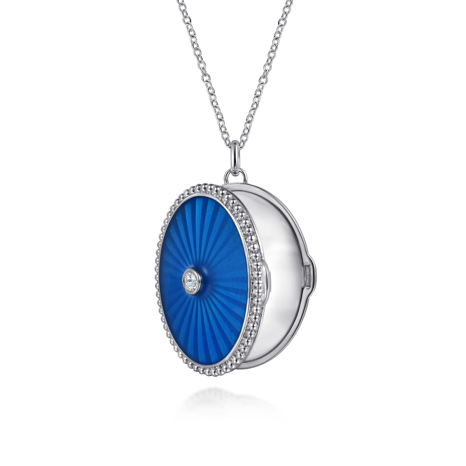 White Sapphire Bujukan Locket Necklace with Dusk Blue Enamel in Sterling Silver, photograph 2
