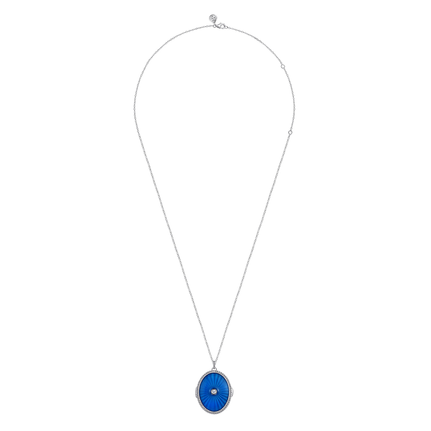 White Sapphire Bujukan Locket Necklace with Dusk Blue Enamel in Sterling Silver, photograph 4