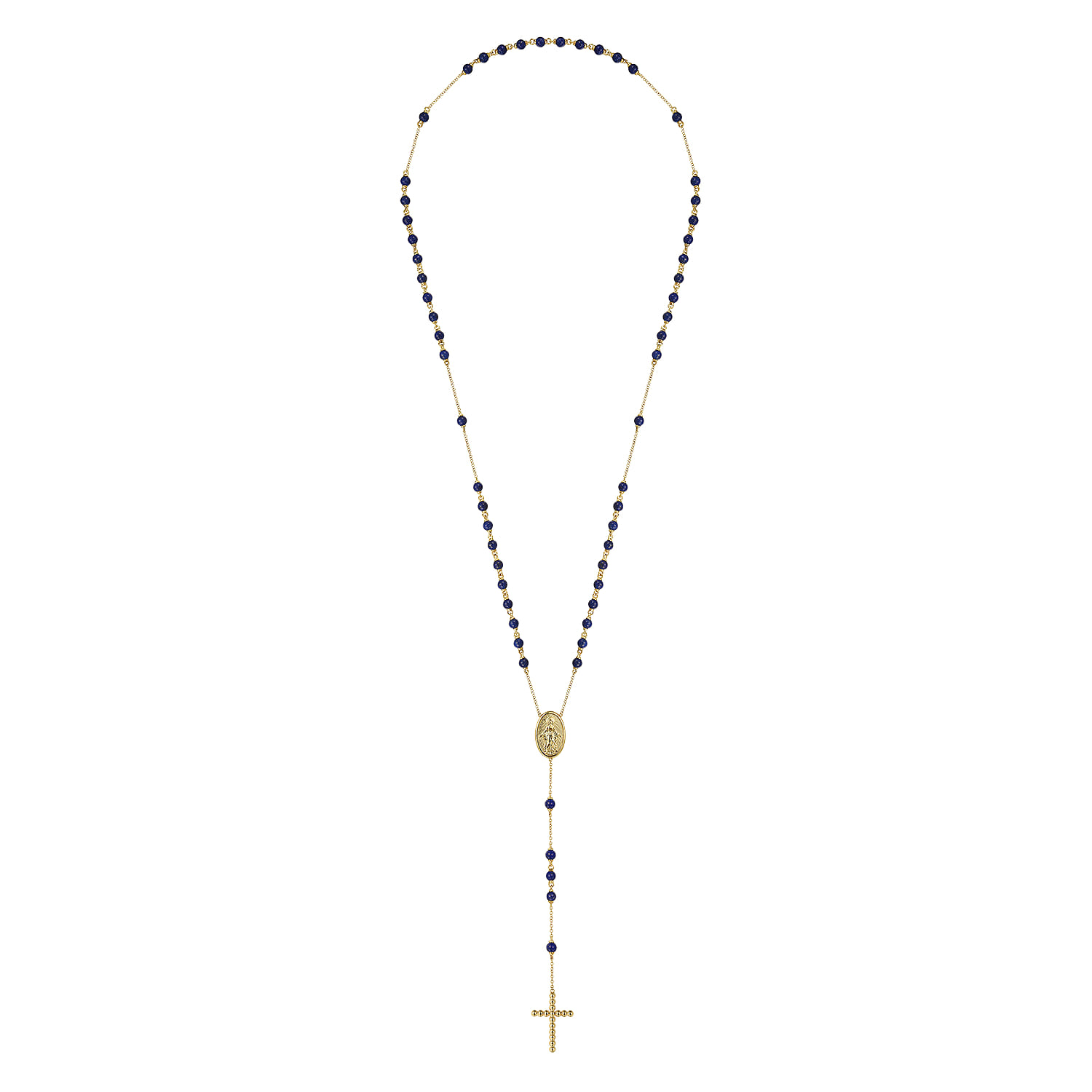 Lapis Beads Rosary Necklace in 14K Yellow Gold, photograph 2