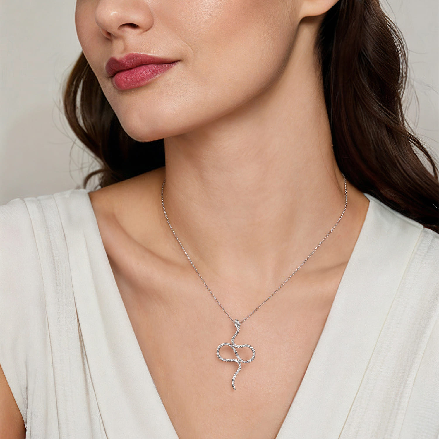 Diamond Snake Pendant Necklace in 14K White Gold, photograph 3