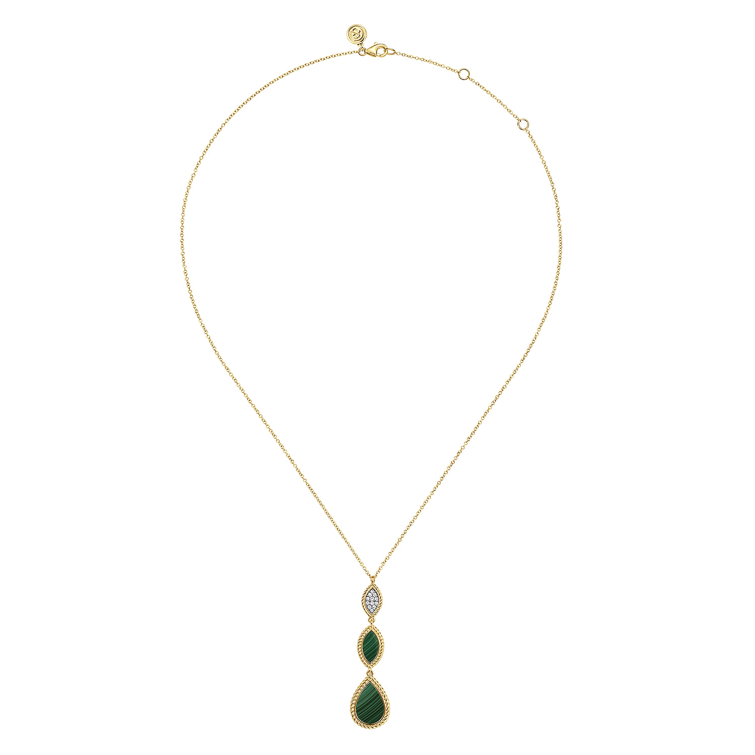 Diamond and Malachite Rope Drop Pendant Necklace in 14K Yellow Gold, photograph 2