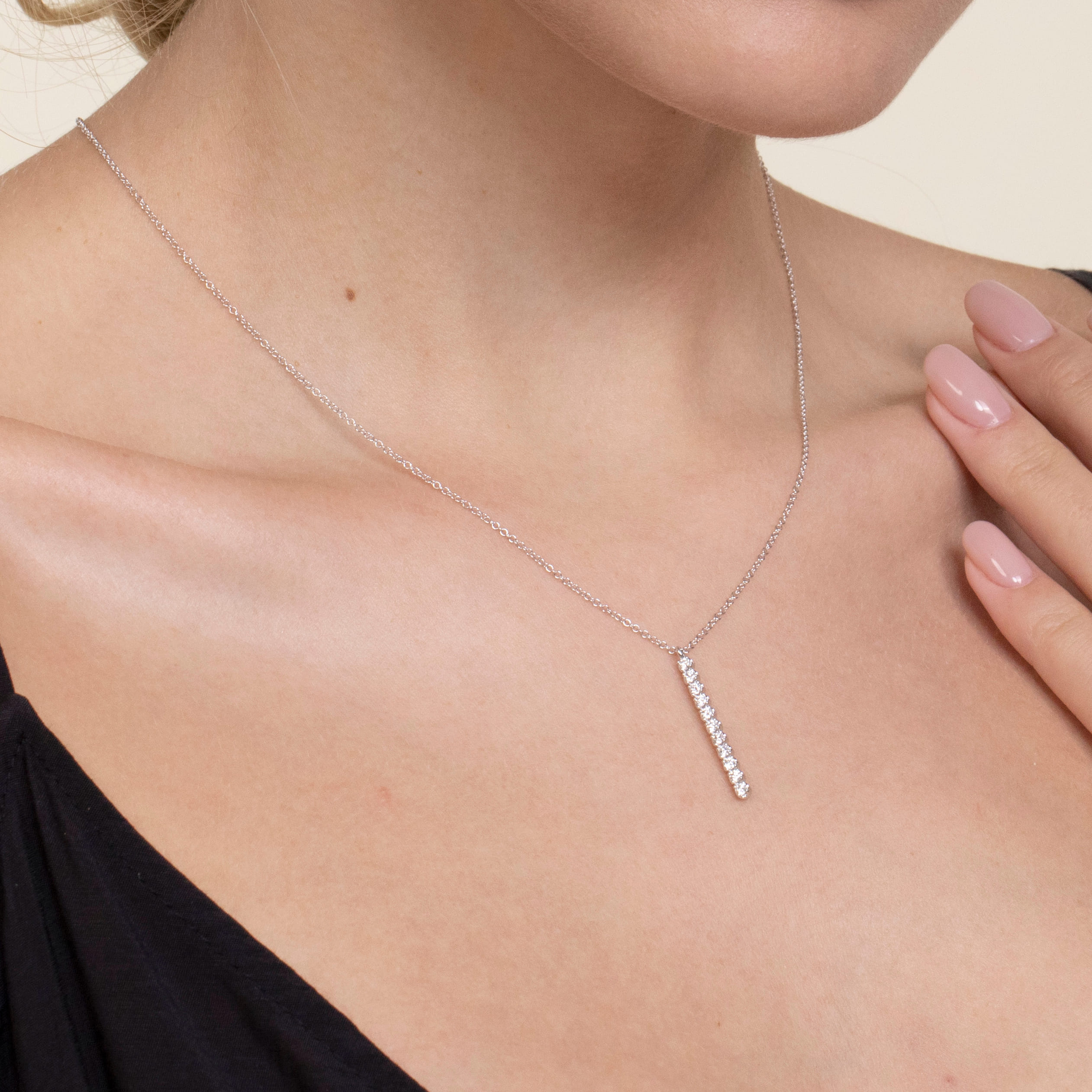 Diamond Vertical Bar Y Pendant Necklace in 14K White Gold, photograph 4