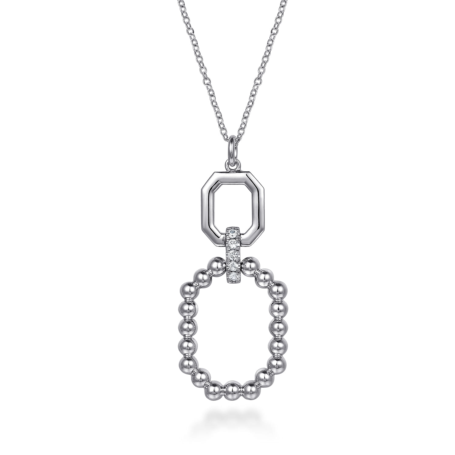 Octagon White Sapphire Bujukan Drop Pendant Necklace in Sterling Silver