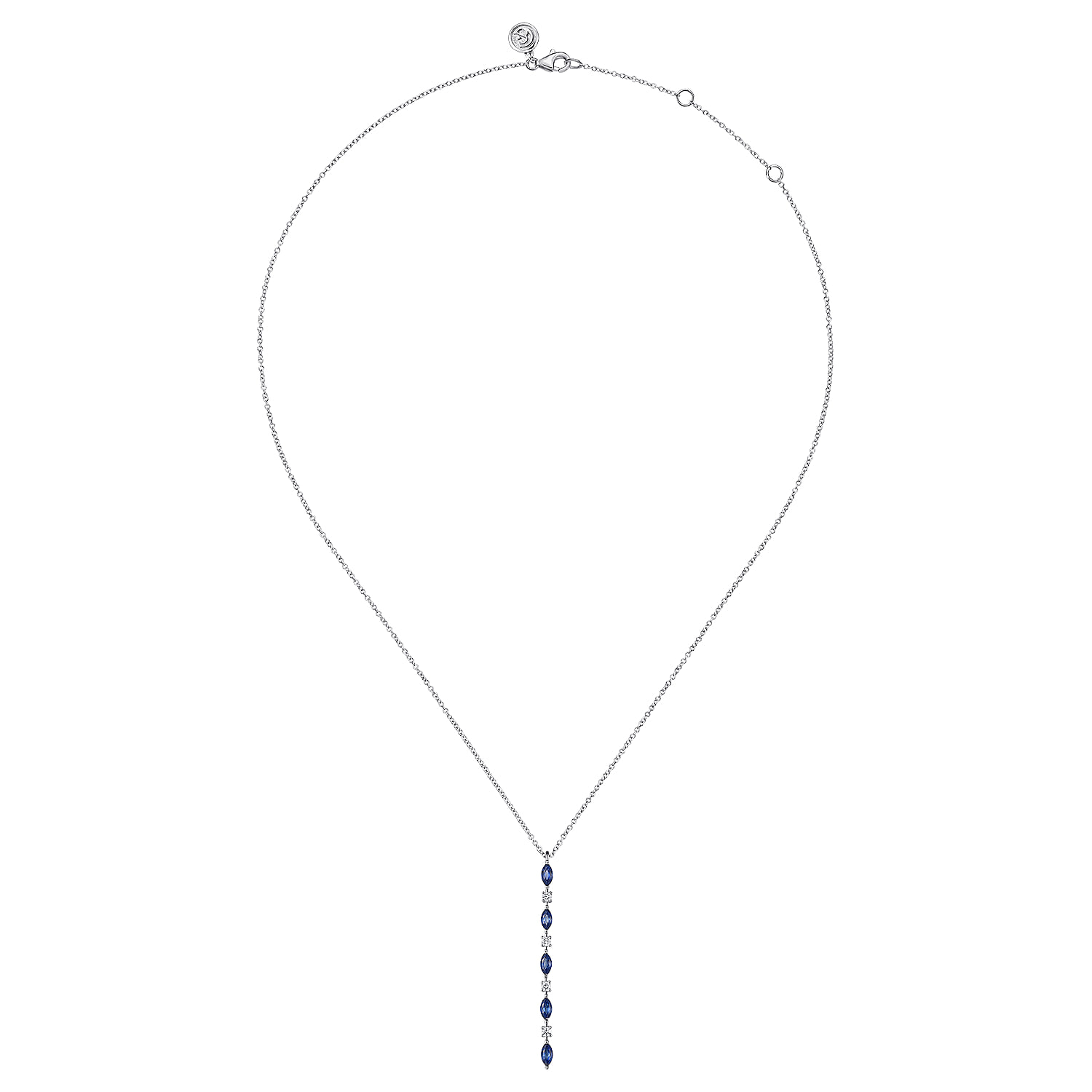 Diamonds and Marquise Blue Sapphire Vertical Bar Necklace in 14K White Gold, photograph 2