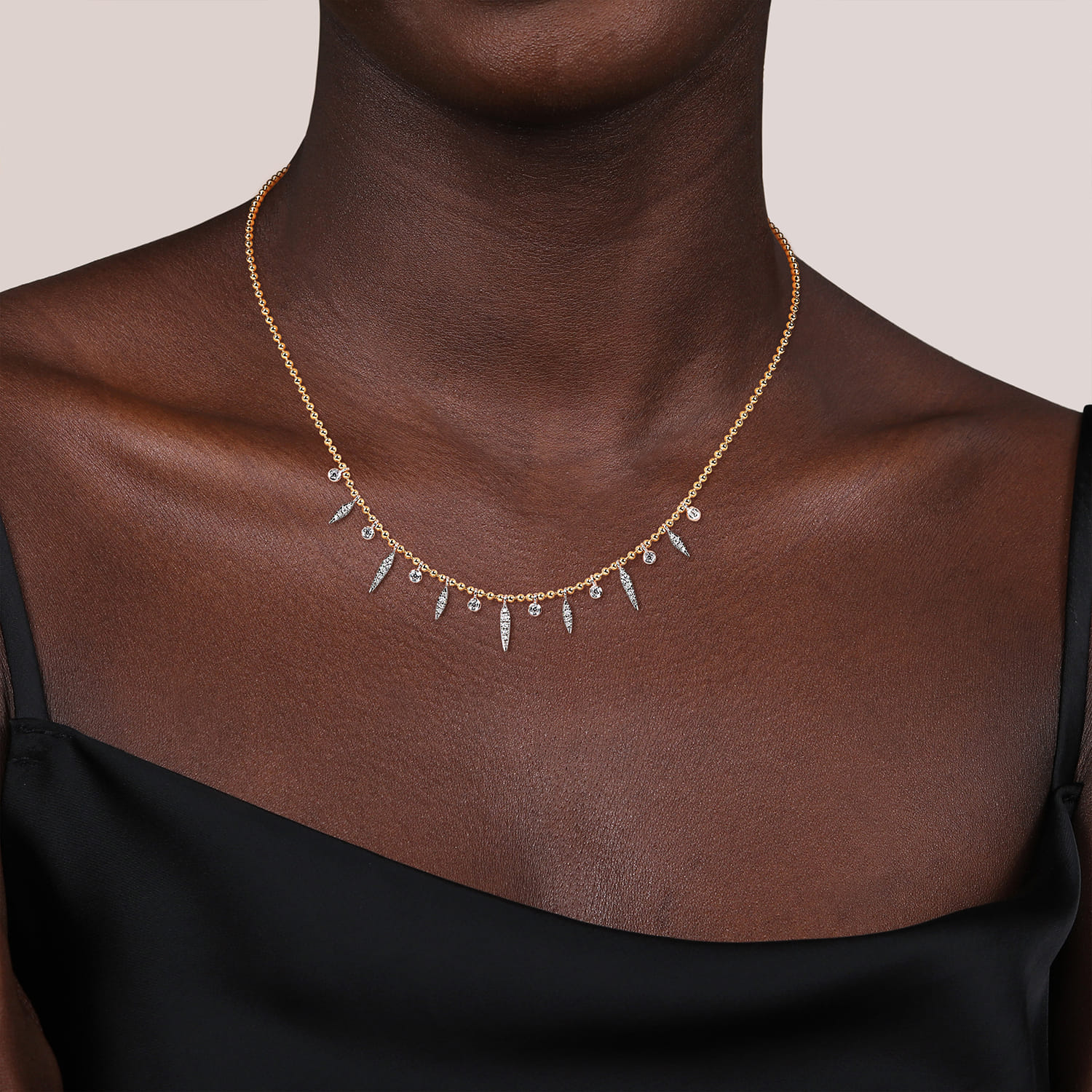 Bead Chain and Diamond Droplet Necklace in 14K White/Yellow Gold, photograph 3