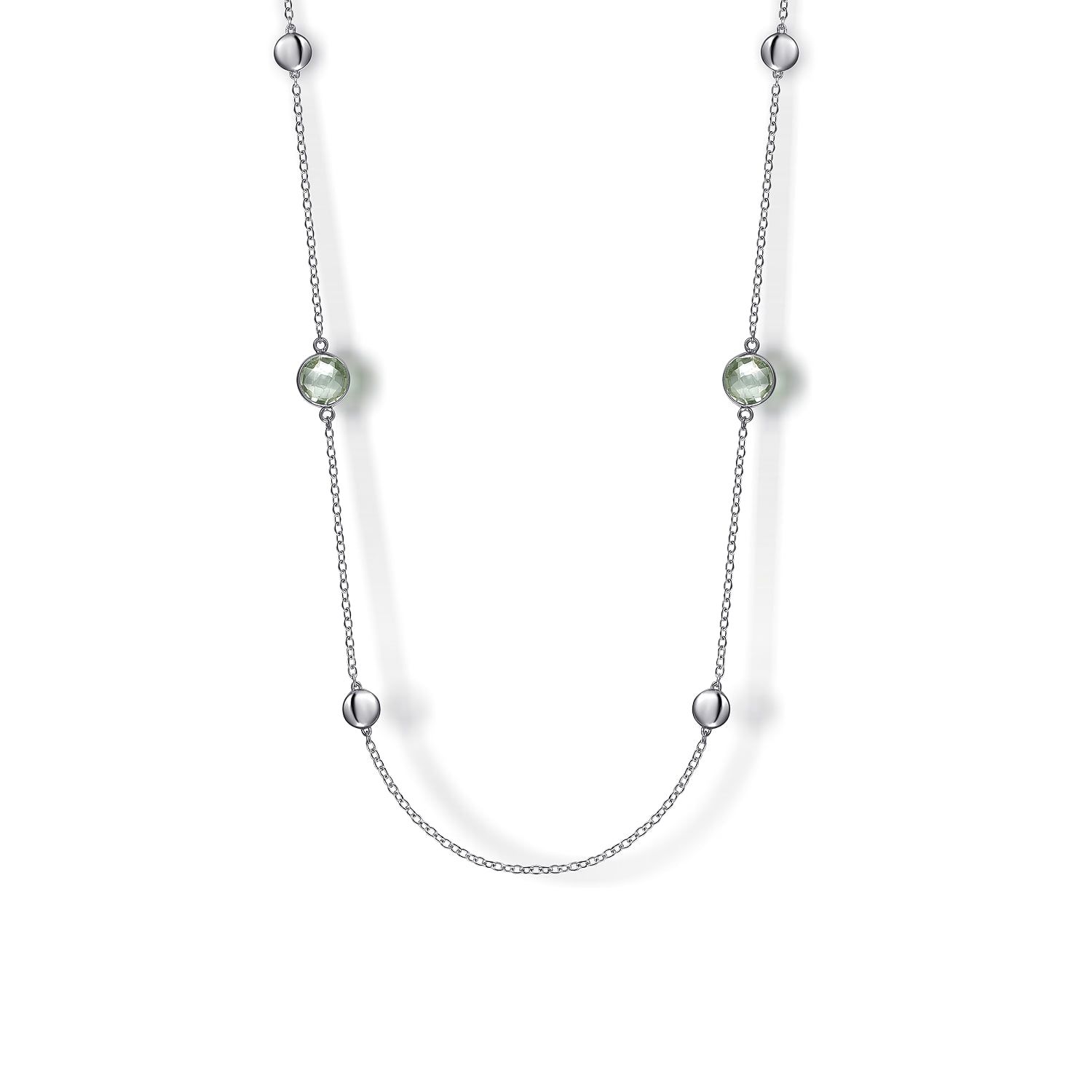 24 inch Bezel Green Amethyst and Round Hollow Silver Disk Station Necklace