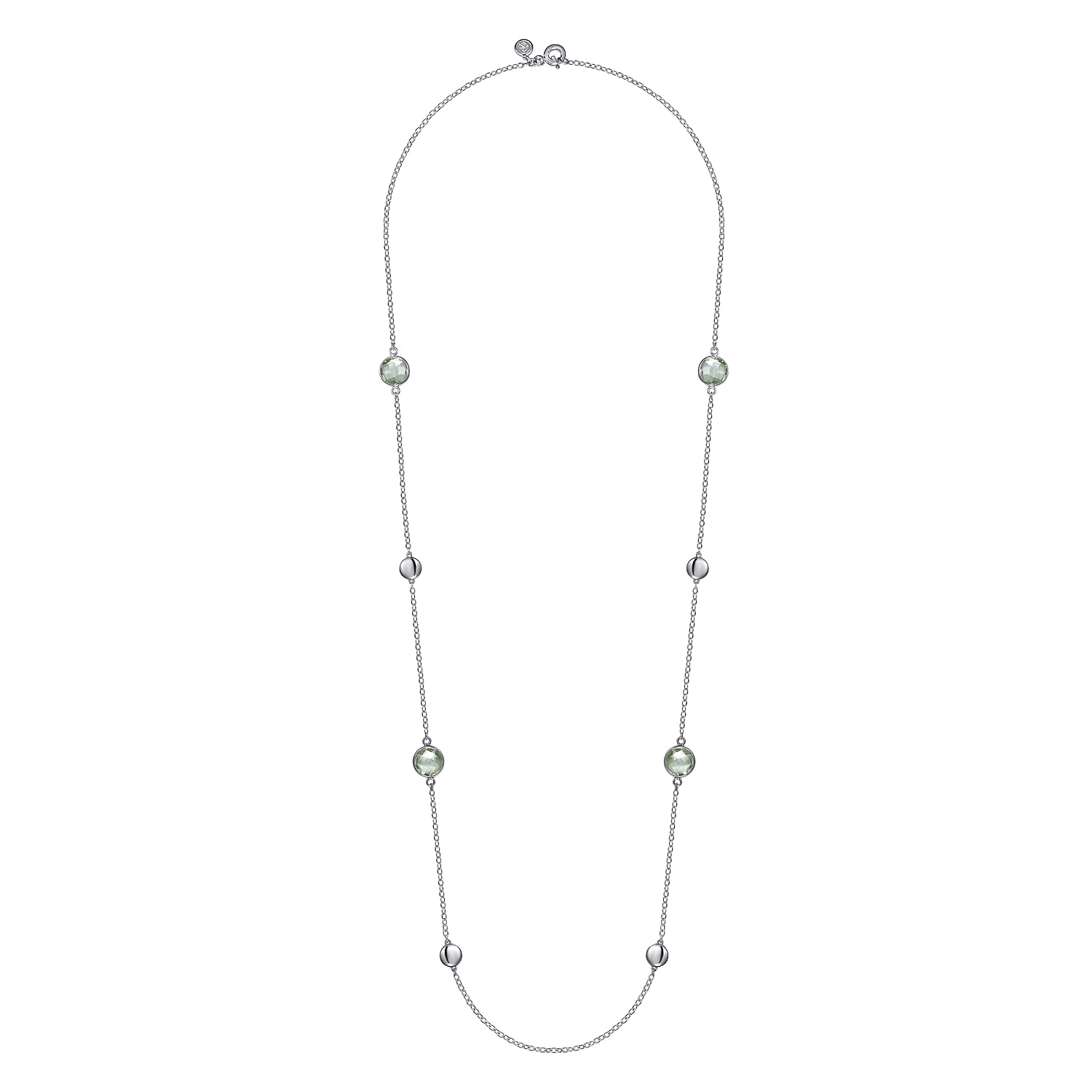 24 inch Bezel Green Amethyst and Round Hollow Silver Disk Station Necklace in Sterling Silver, photograph 2