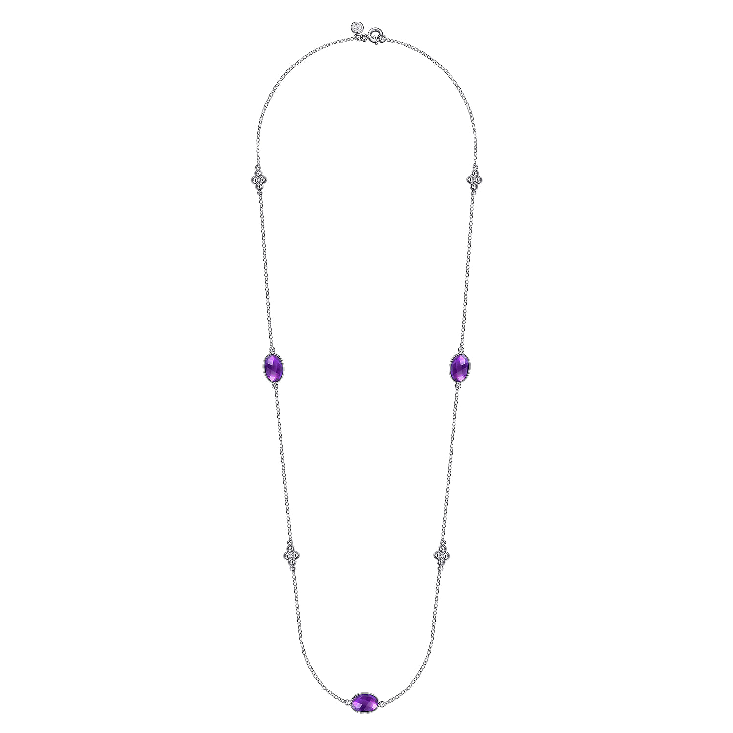 32 inch Bezel Oval Amethyst and Bujukan Beads Station Necklace in Sterling Silver, photograph 2