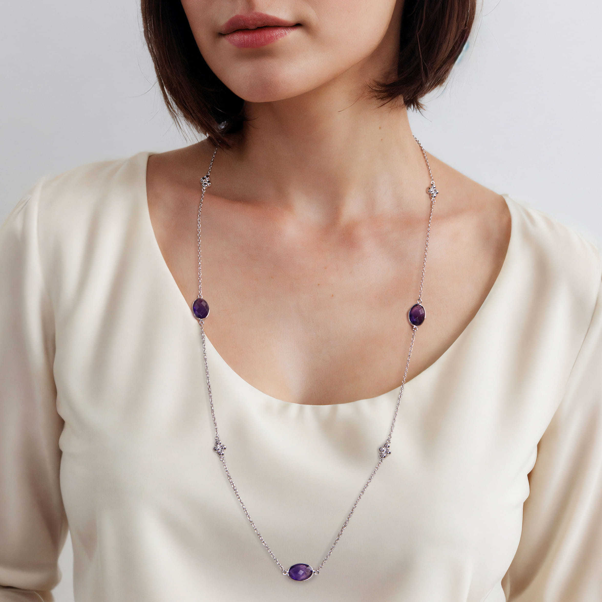 32 inch Bezel Oval Amethyst and Bujukan Beads Station Necklace in Sterling Silver, photograph 4