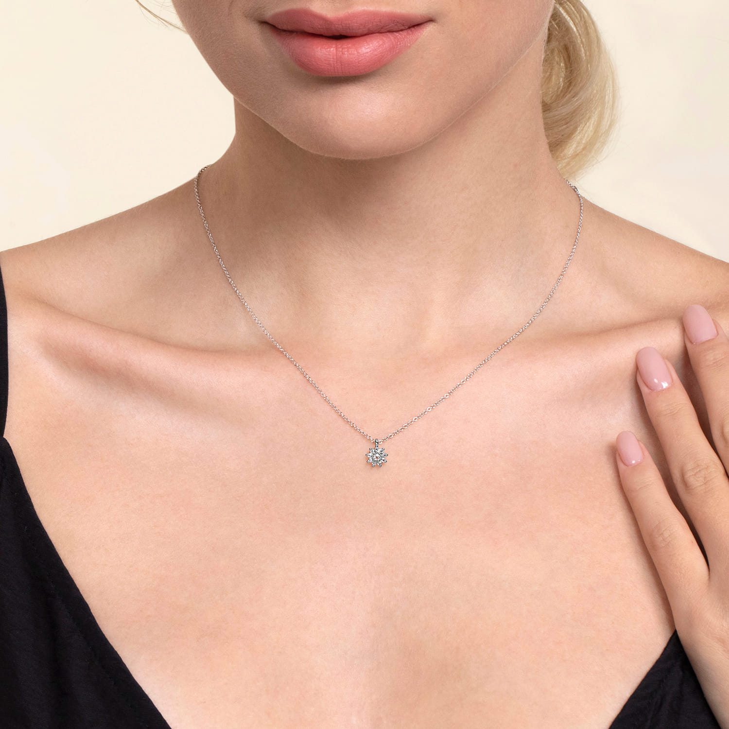 White Sapphire Cluster Pendant Necklace in 14K White Gold, photograph 3