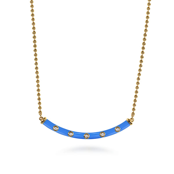 14K Yellow Gold Diamond Bar Necklace with Blue Enamel
