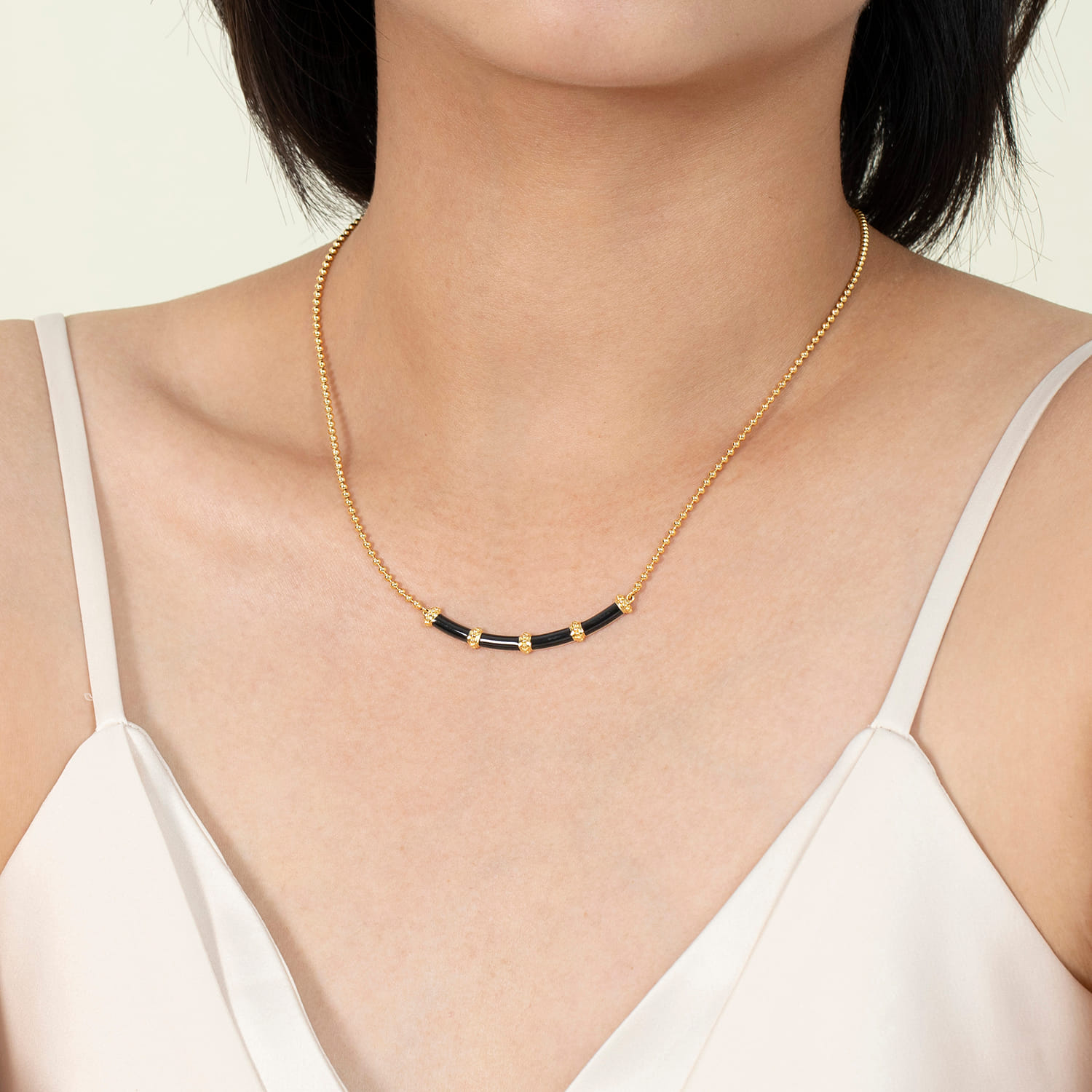 Bujukan Bar Necklace with Enamel in 14K Yellow Gold, photograph 3