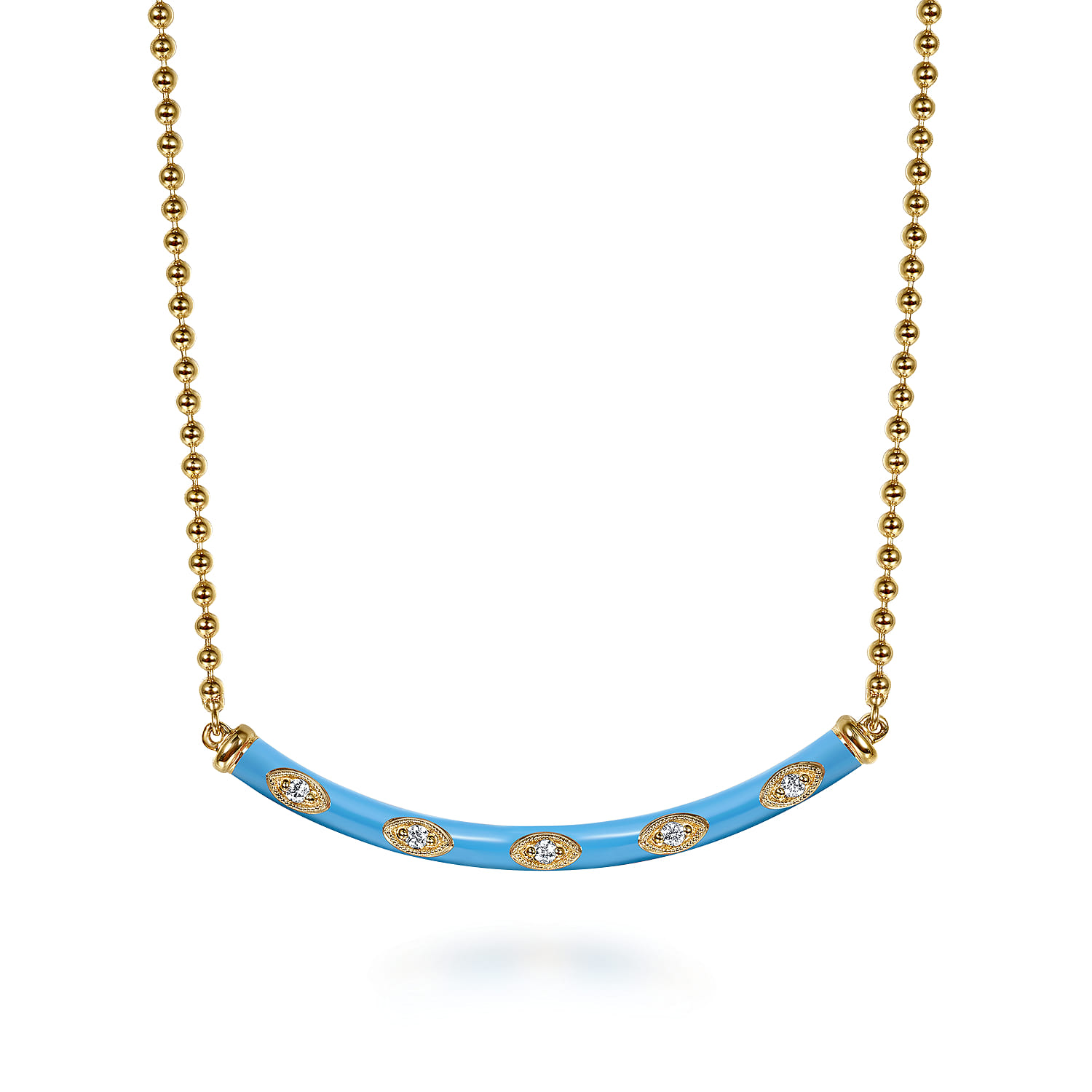 Diamond Bar Necklace with Enamel in 14K Yellow Gold