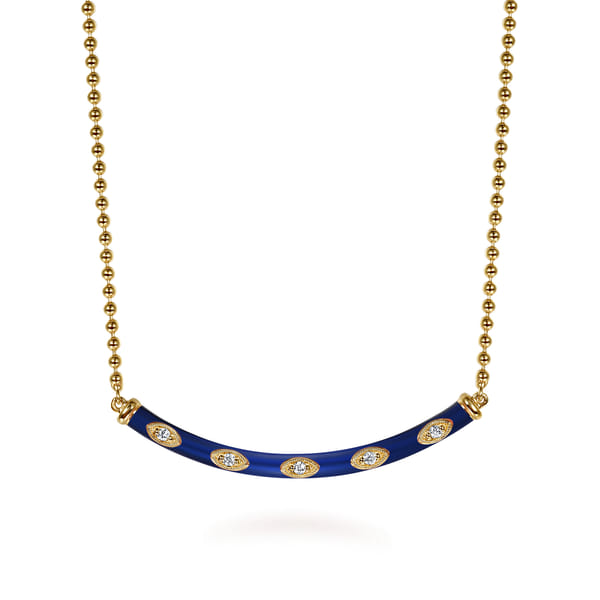 14K Yellow Gold Diamond Bar Necklace with Chrome Blue Enamel