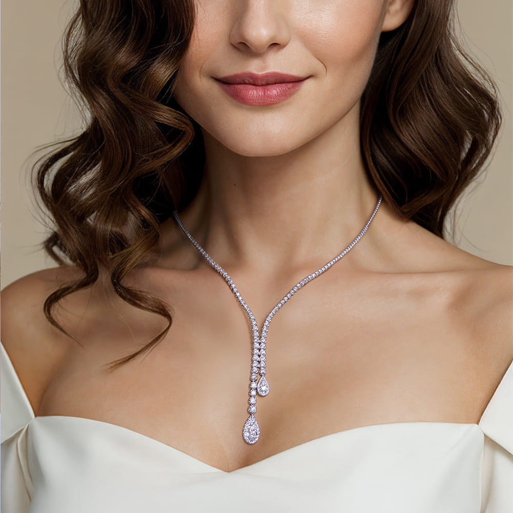 Graduating Diamond Y Necklace in 14K White Gold, photograph 4