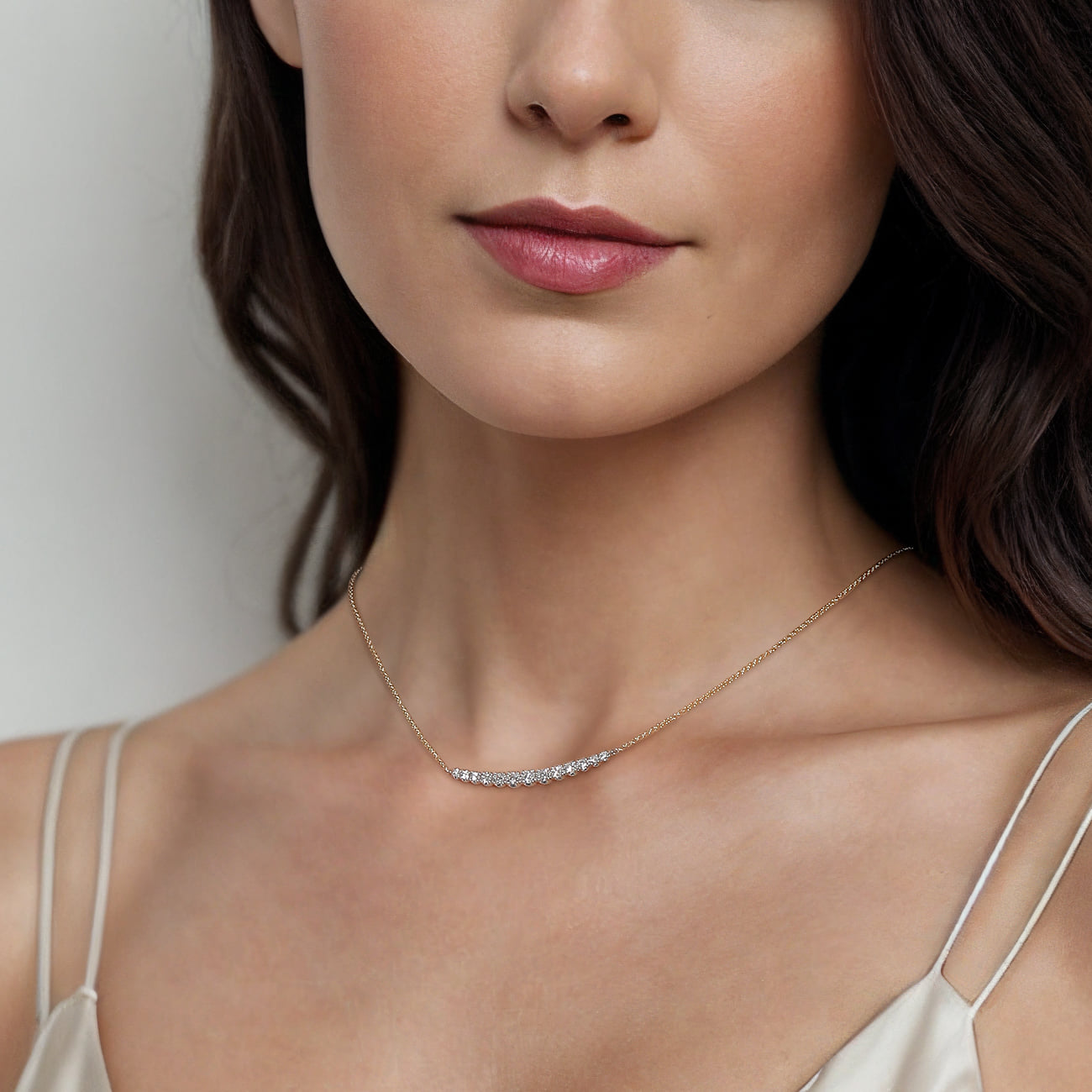 Graduating Diamond Bar Necklace in 14K White/Yellow Gold, photograph 4
