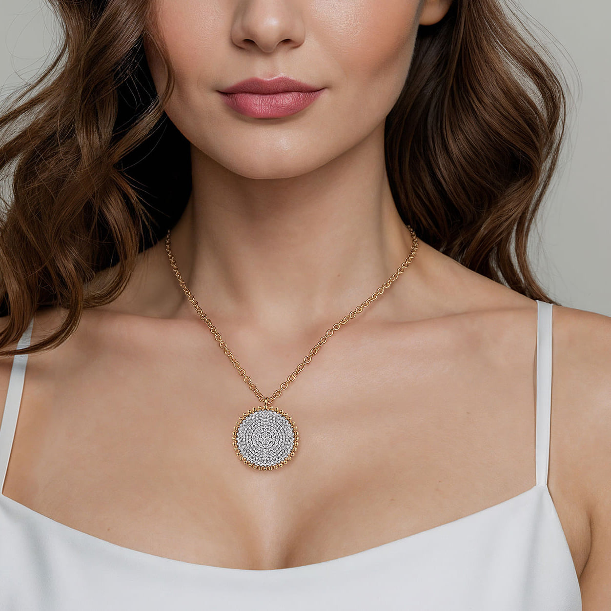 Bujukan Diamond Pave Medallion Pendant Necklace in 14K Yellow Gold, photograph 4