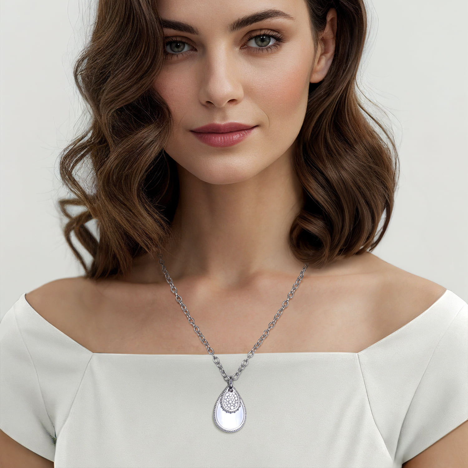 Bujukan White Sapphire and White Mother of Pearl Teardrop Pendant Necklace in Sterling Silver, photograph 4
