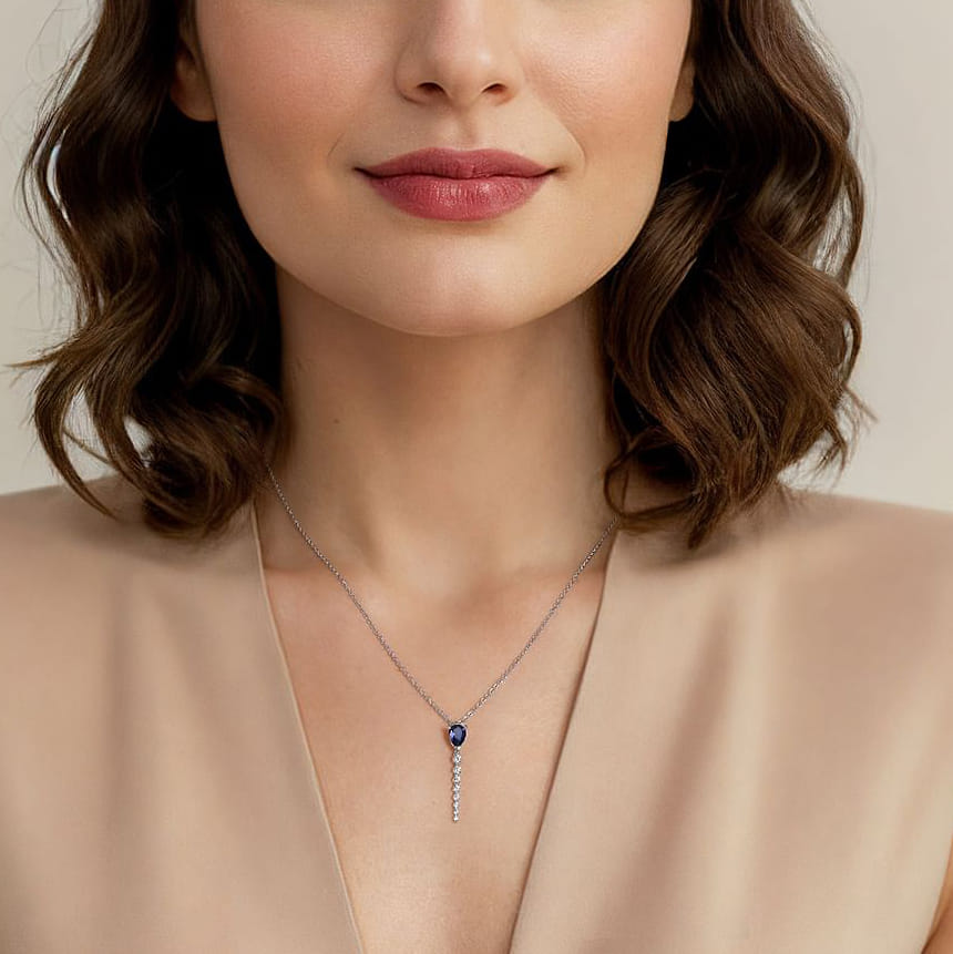 Graduating Diamonds and Blue Sapphire Pendant Drop Necklace in 14K White Gold, photograph 4