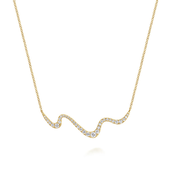 14K Yellow Gold Graduating Diamond Wave Bar Necklace