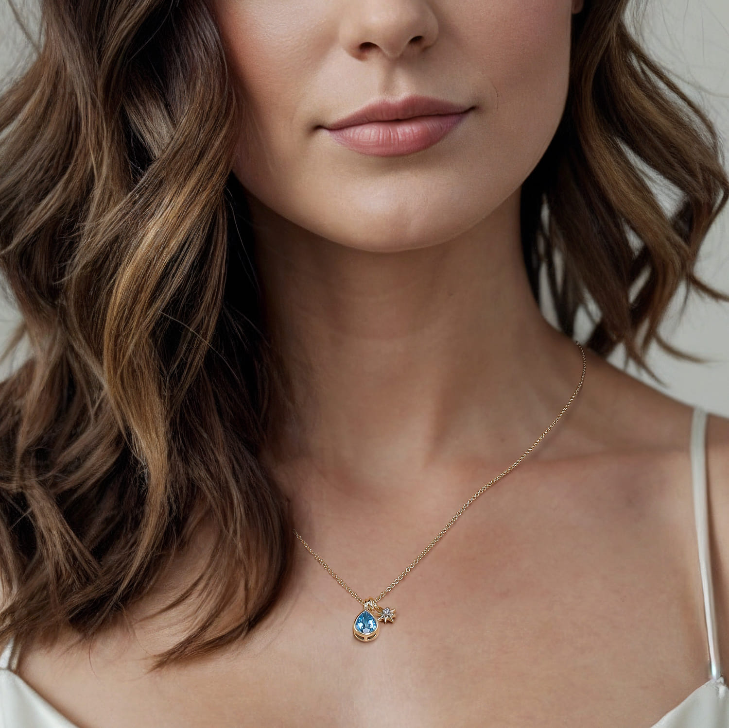 Blue Topaz and Diamond Teardrop Pendant Necklace in 14K Yellow Gold, photograph 4