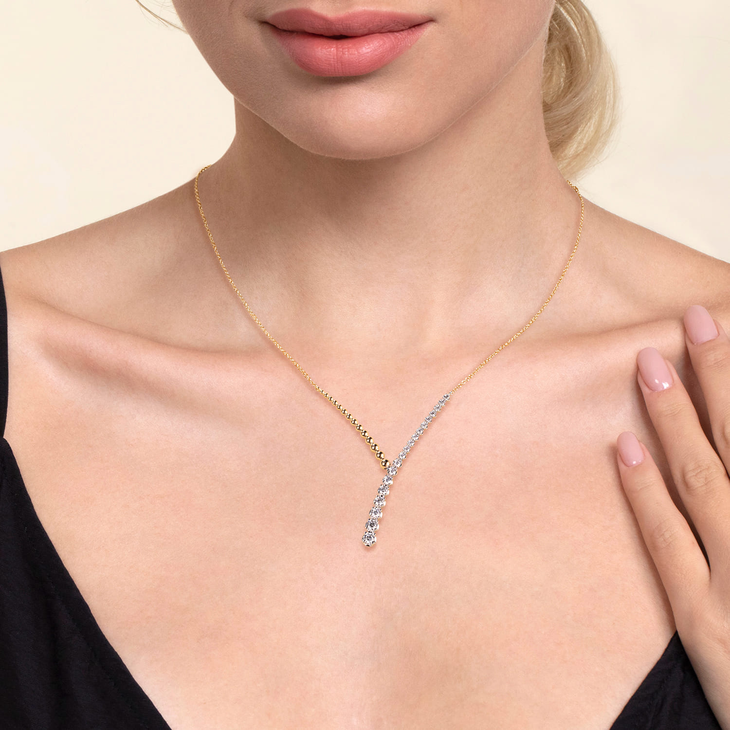 Bujukan Beads and Diamond Y Necklace in 14K White/Yellow Gold, photograph 3