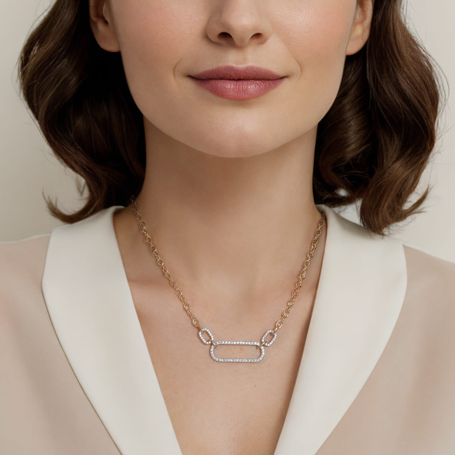 Diamond Link Chain Necklace in 14K White/Yellow Gold, photograph 4