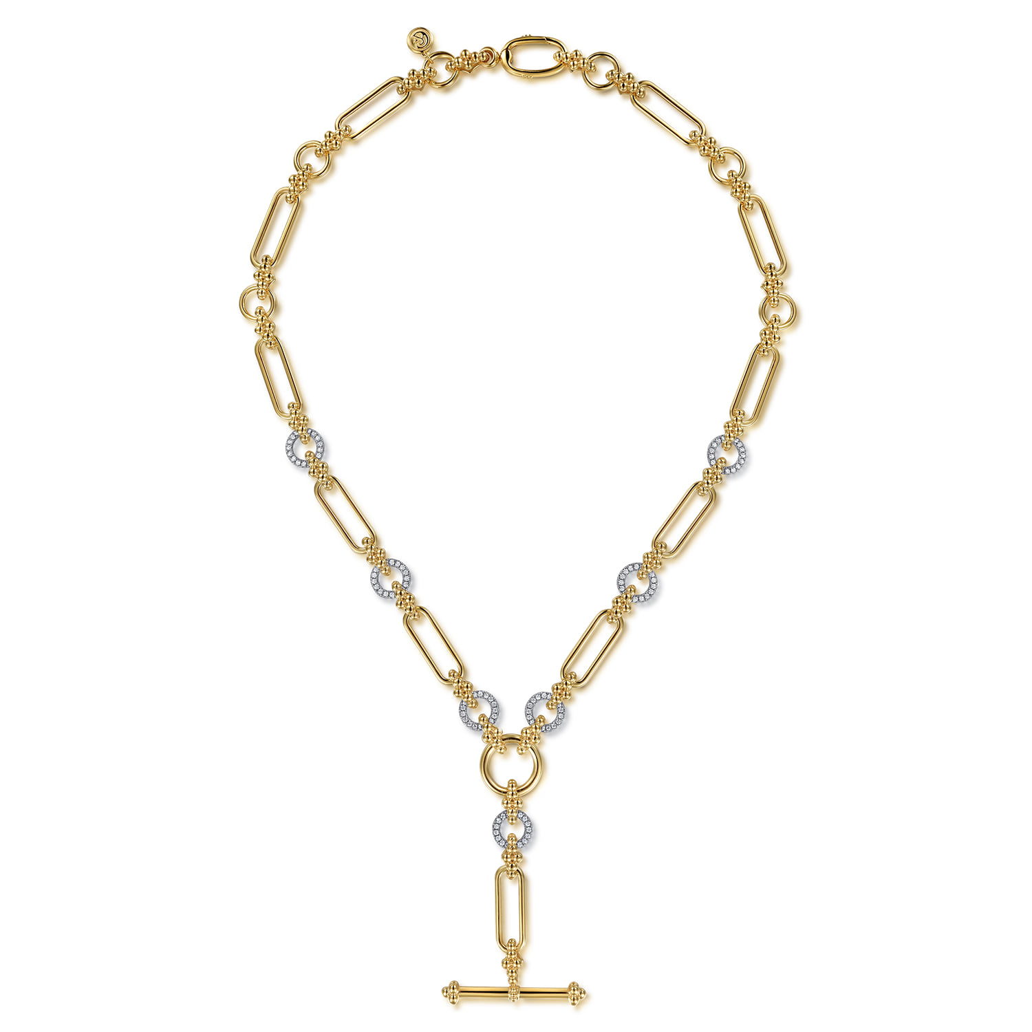 Hollow Tube Link Bujukan and Diamond Y Necklace in 14K Yellow Gold, photograph 2
