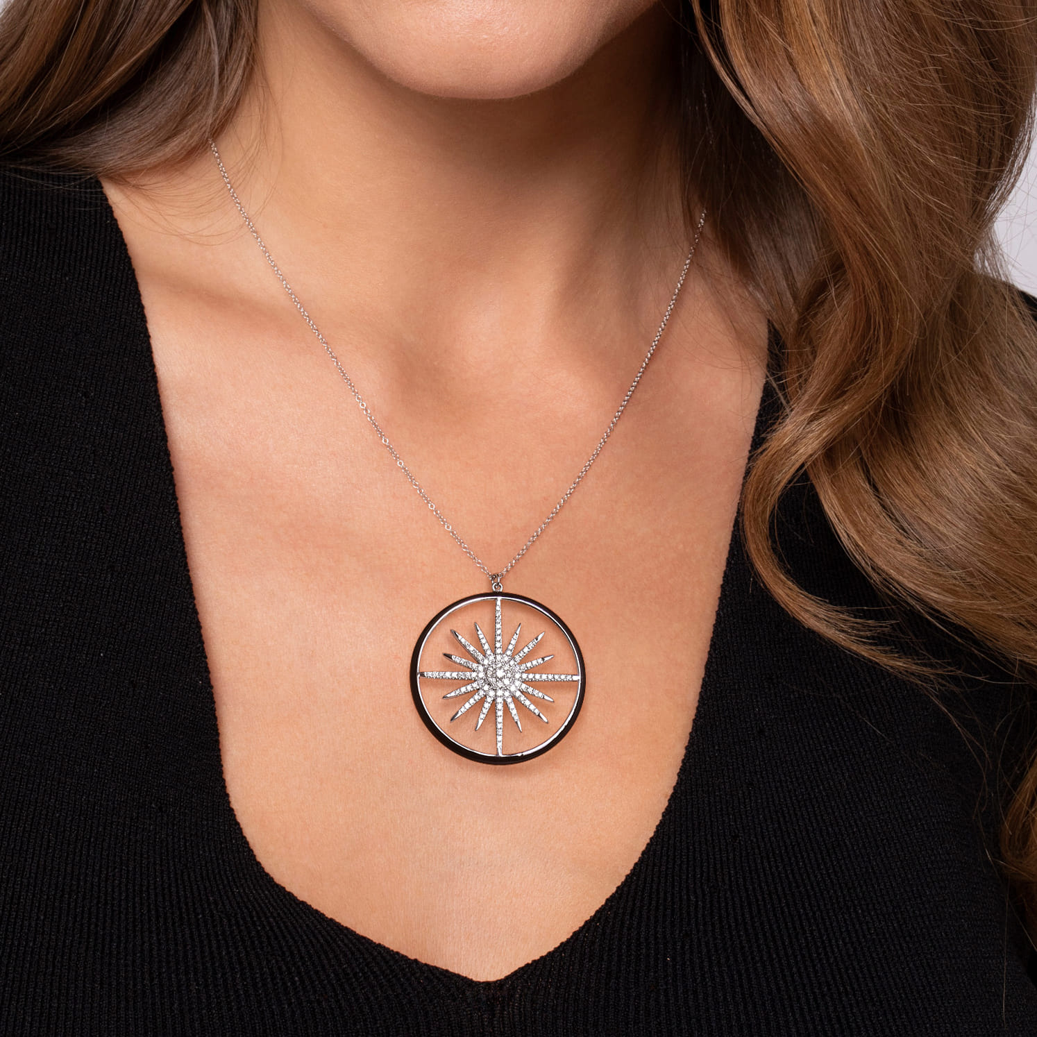 Diamond Starburst Pendant Necklace with Enamel in 14K White Gold, photograph 4