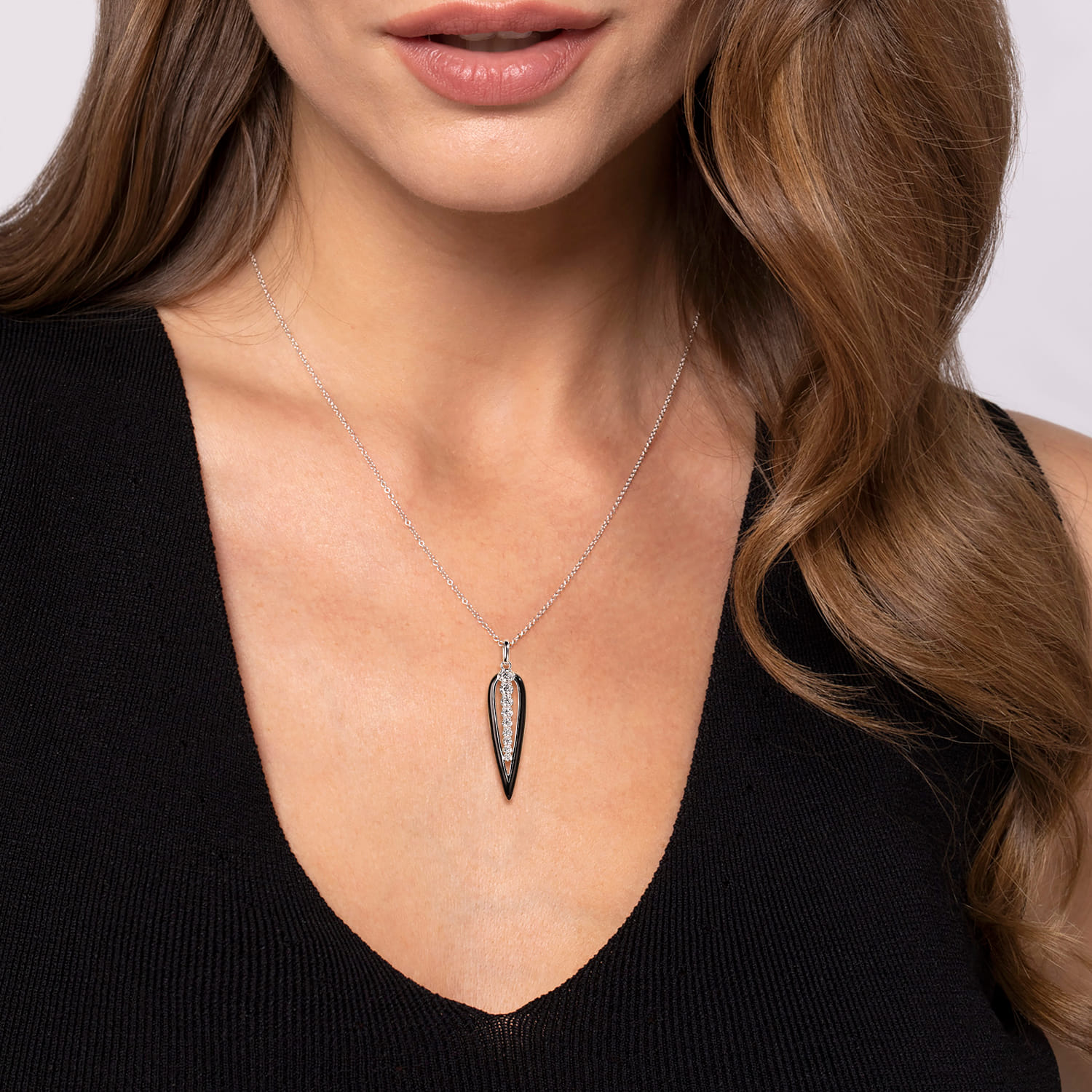 Graduating Diamond Pendant Necklace with Enamel in 14K White Gold, photograph 3