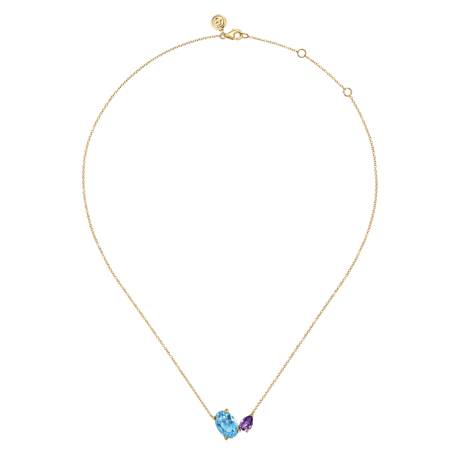 Toi et Moi Blue Topaz and Amethyst Necklace in 14K Yellow Gold, photograph 2
