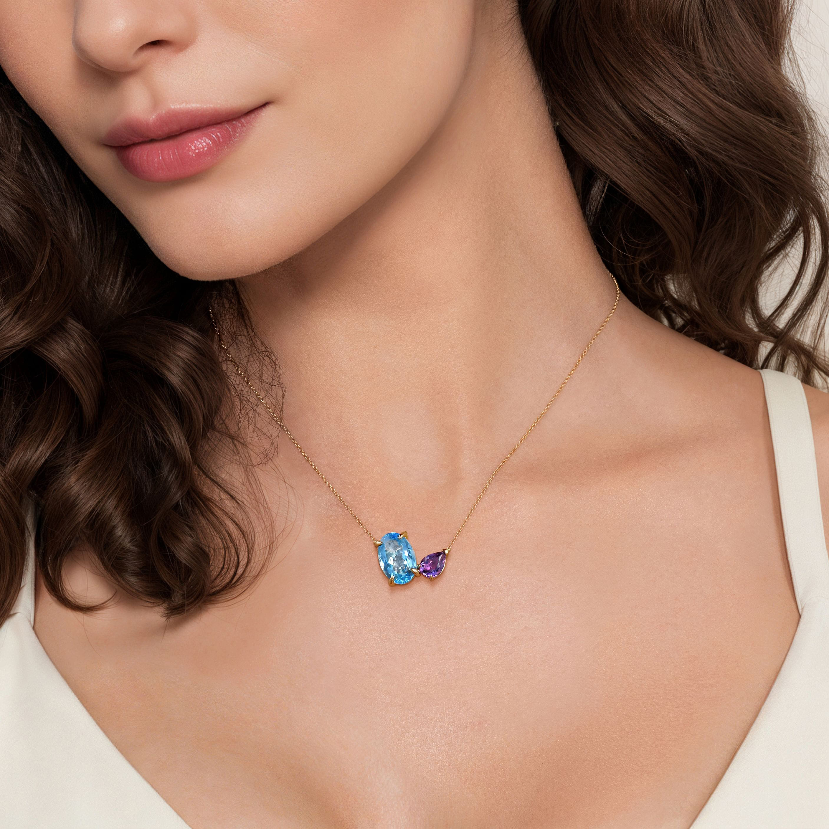 Toi et Moi Blue Topaz and Amethyst Necklace in 14K Yellow Gold, photograph 3