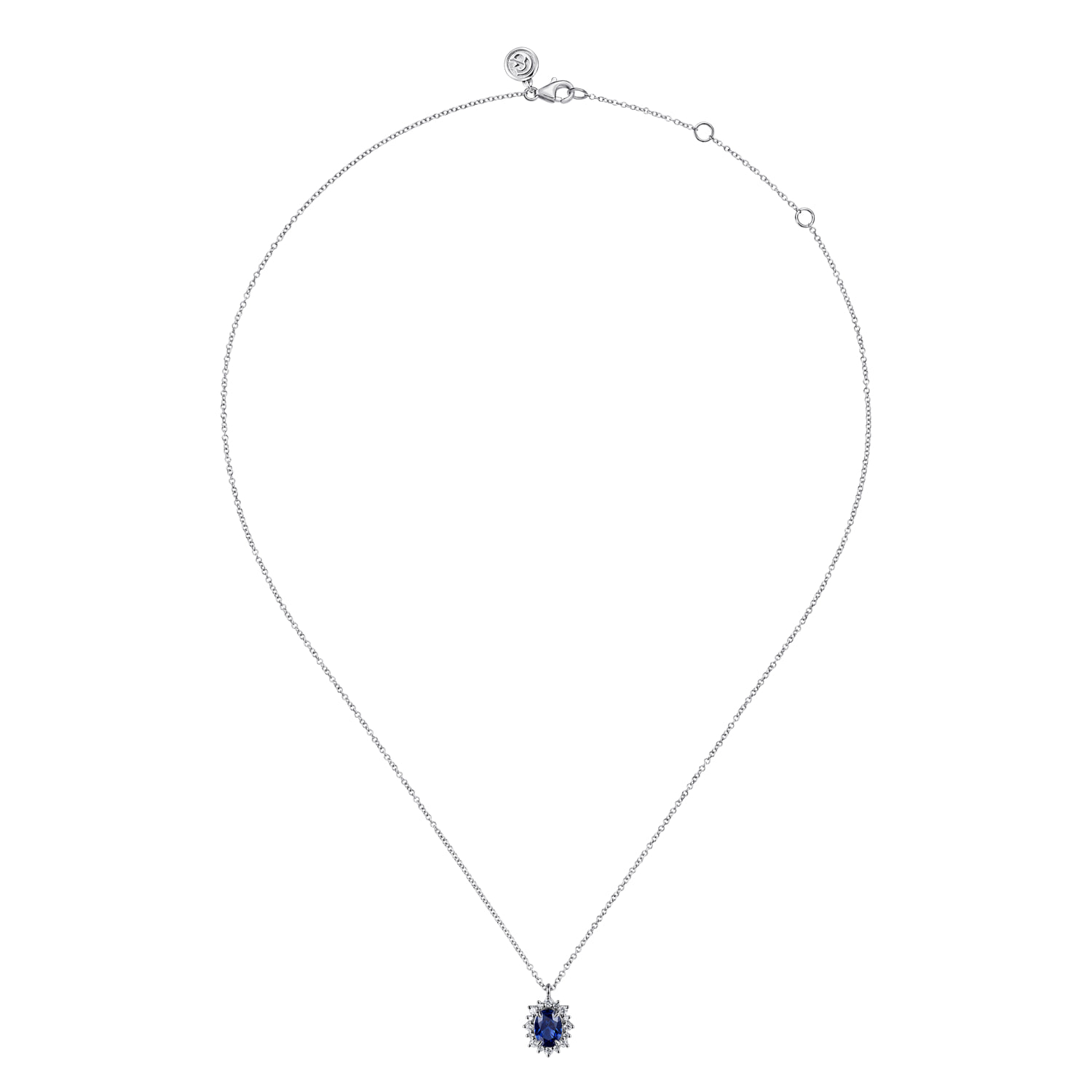 Diamond Halo and Oval Sapphire Classic Pendant Necklace in 14K White Gold, photograph 2