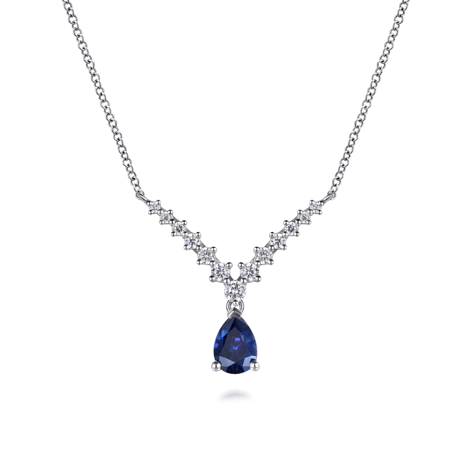 Diamond and Pear Sapphire Chervon Necklace in 14K White Gold