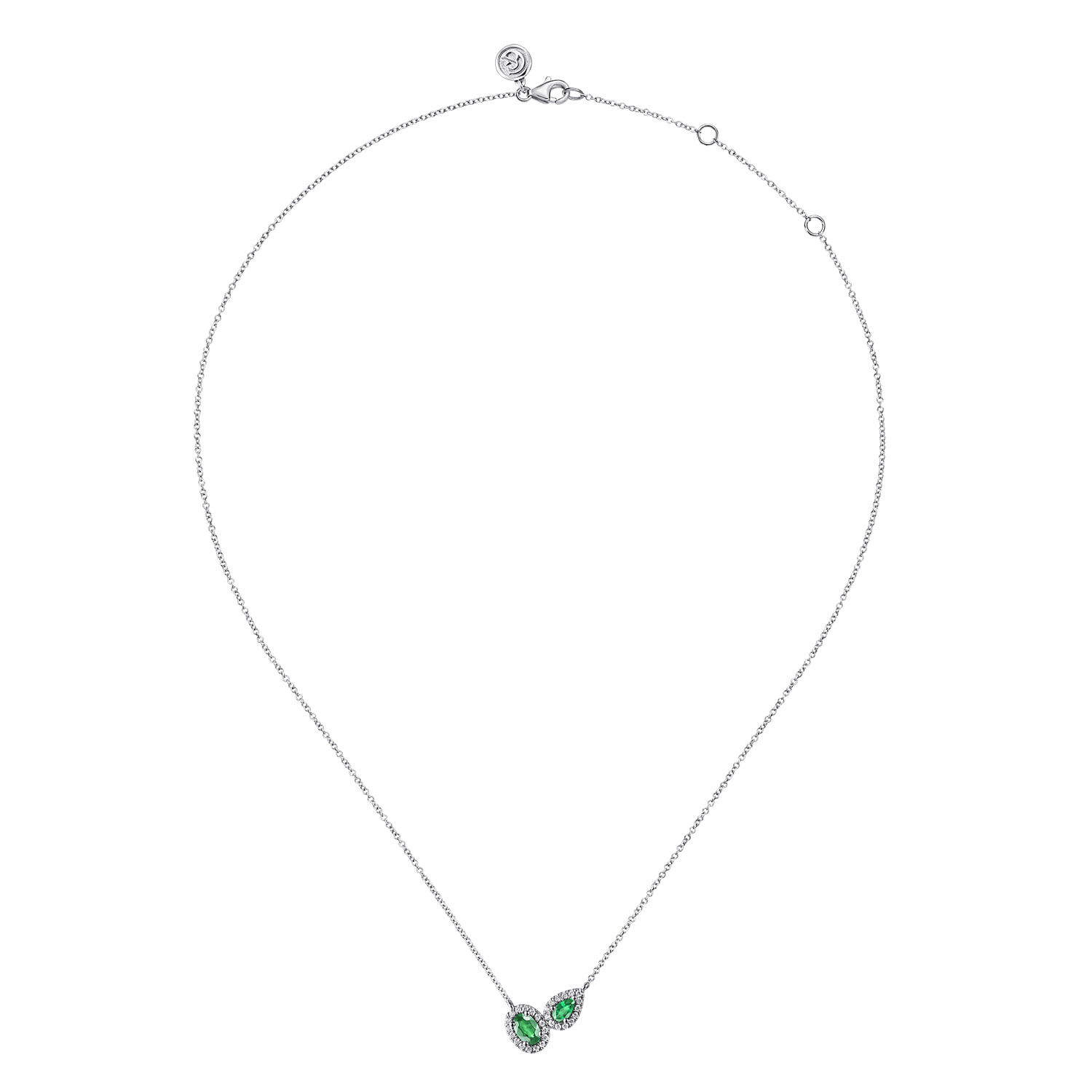 Toi et Moi Emerald and Diamond Halo Necklace in 14K White Gold, photograph 2
