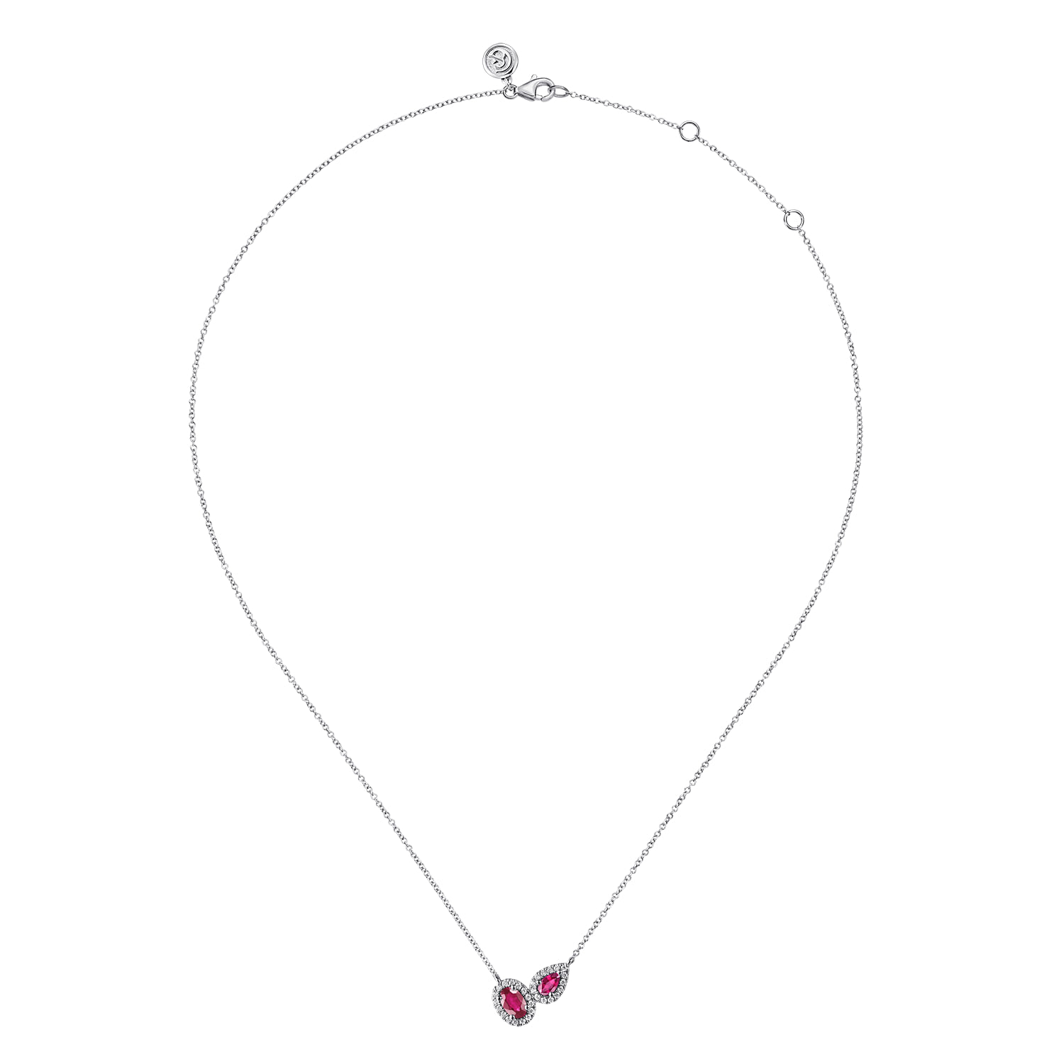 Toi et Moi Ruby and Diamond Halo Necklace in 14K White Gold, photograph 2