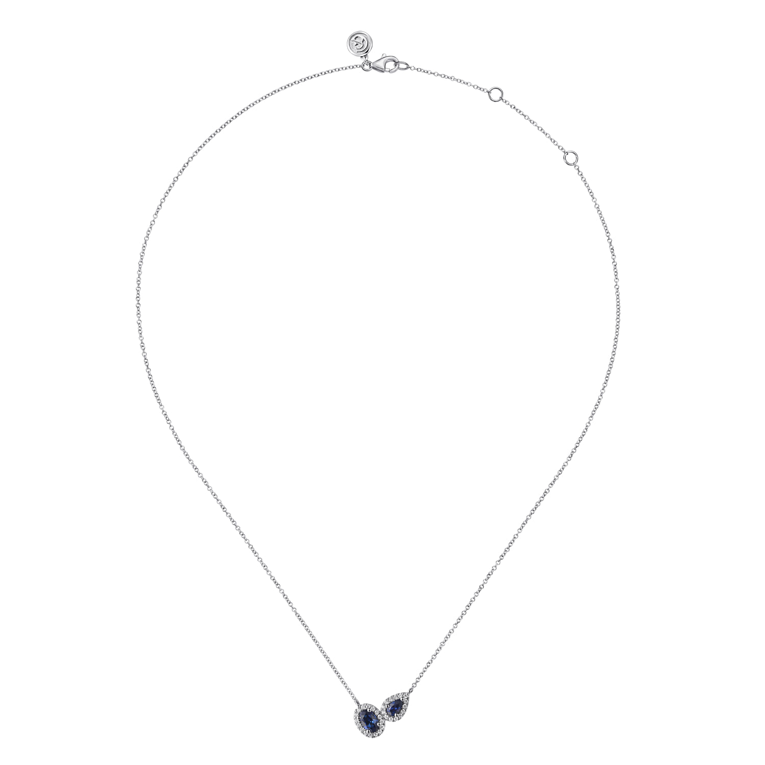 Toi et Moi Sapphire and Diamond Halo Necklace in 14K White Gold, photograph 2