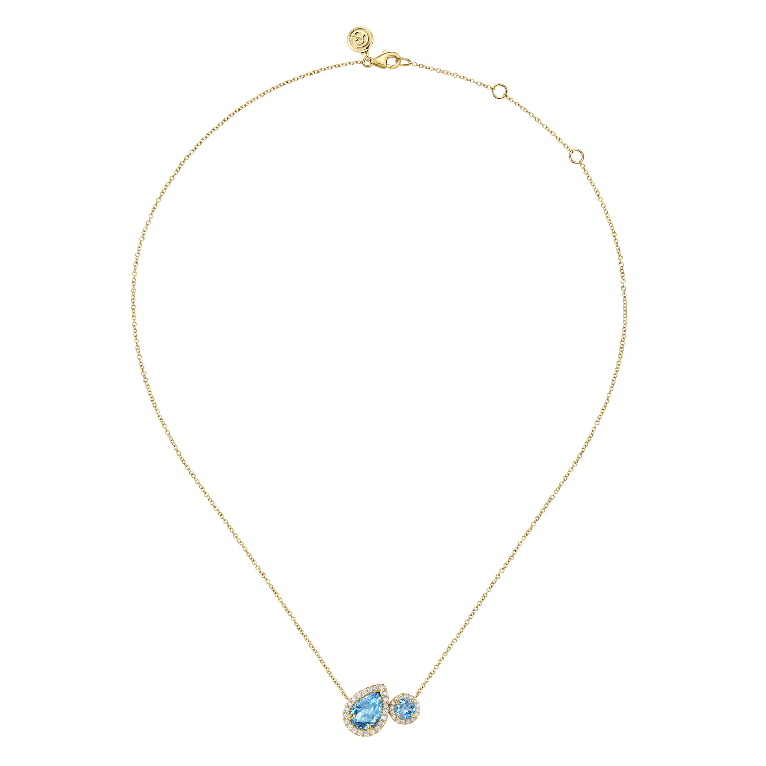 Toi et Moi Blue Topaz and Diamond Halo Necklace in 14K Yellow Gold, photograph 2