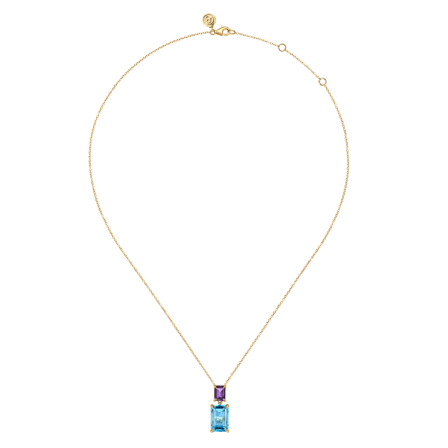 Blue Topaz and Amethyst Pendant Necklace in 14K Yellow Gold, photograph 2