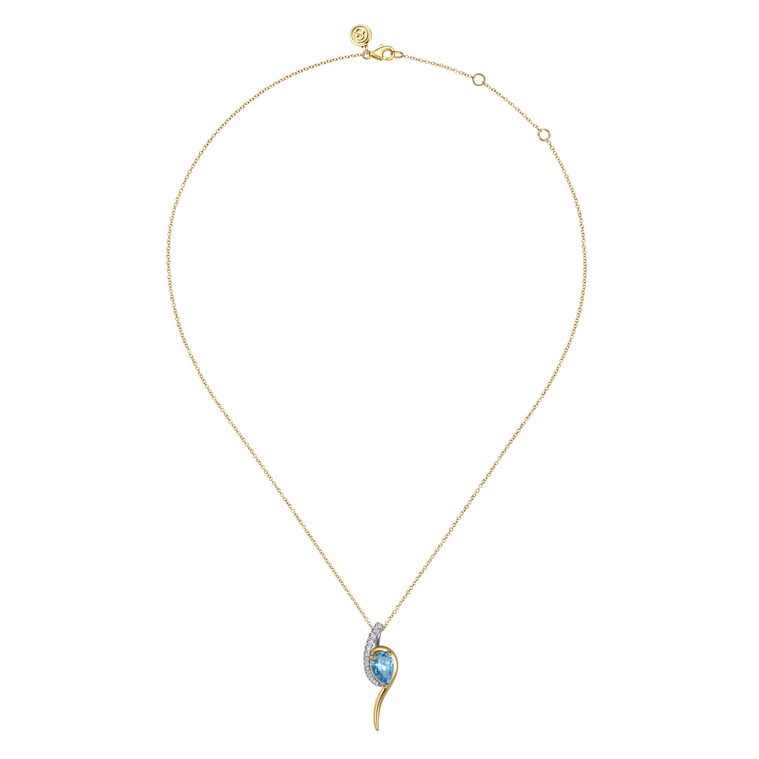 Diamond and Pear Shape Blue Topaz Bypass Pendant Necklace in 14K White/Yellow Gold, photograph 2