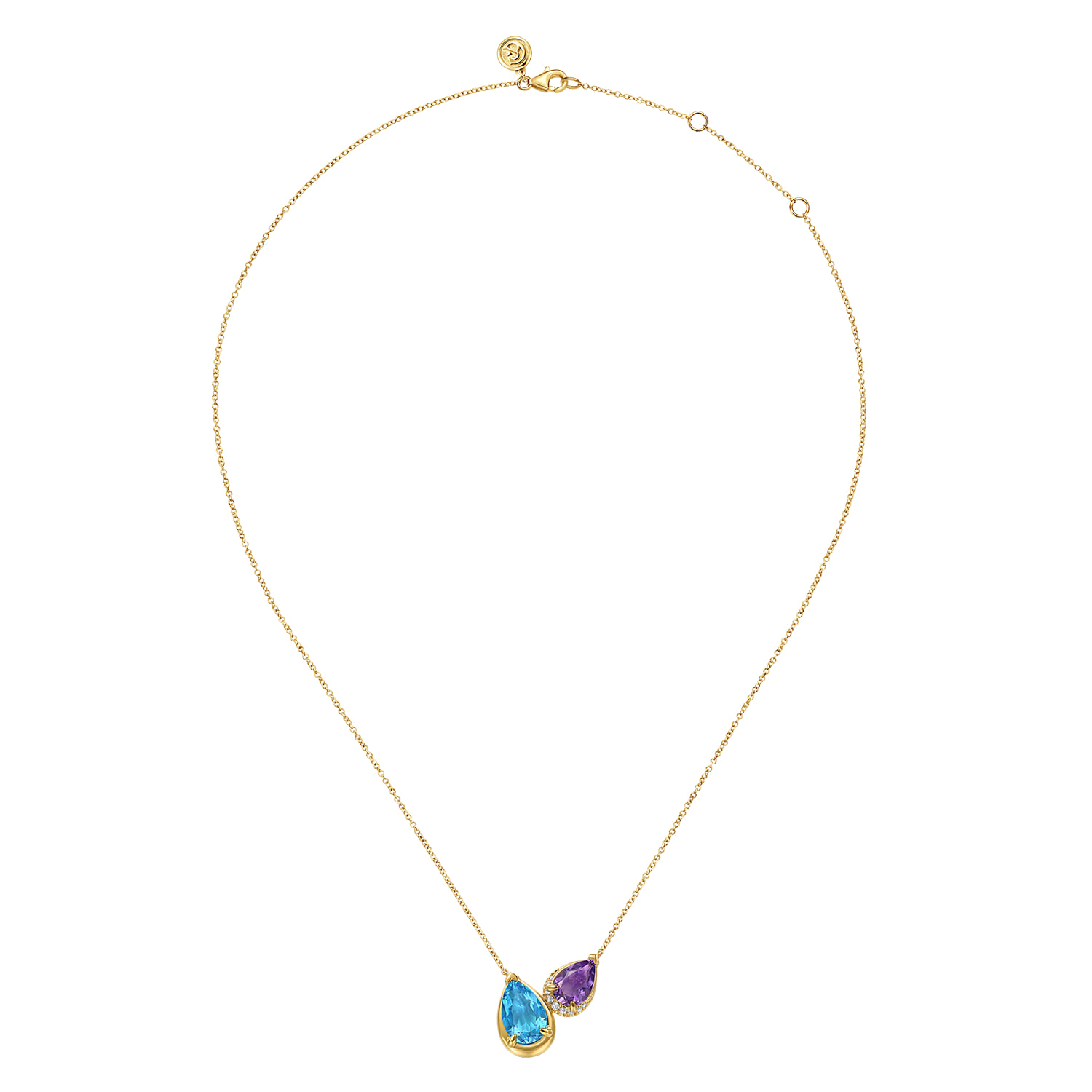 Toi et Moi Diamond Blue Topaz and Amethyst Pendant Necklace in 14K Yellow Gold, photograph 2